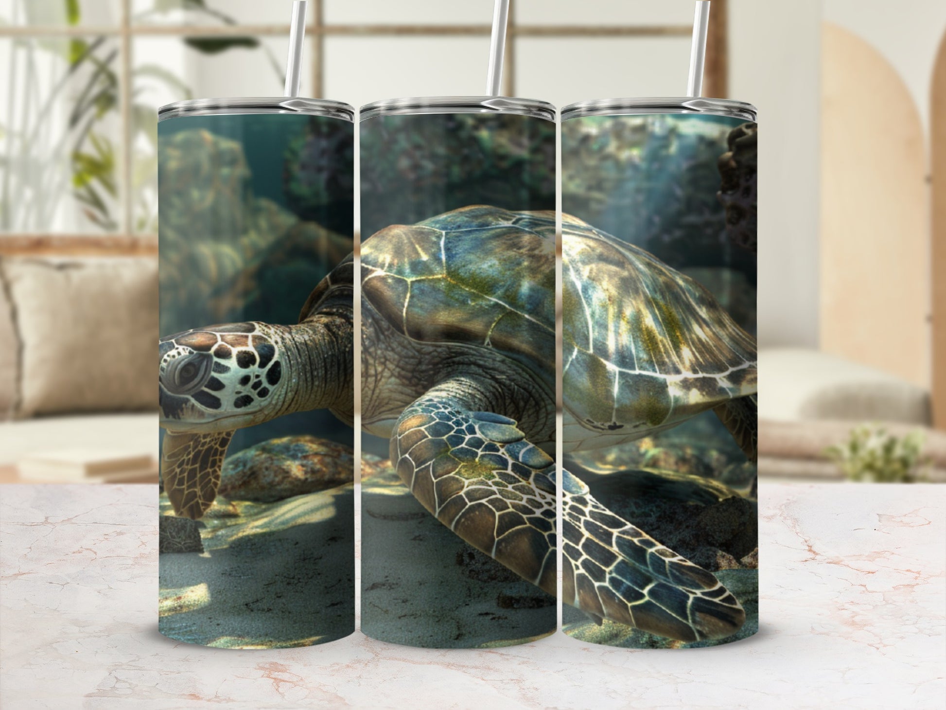 Sea turtle swimming underwater on a cylindrical tumbler mockup.