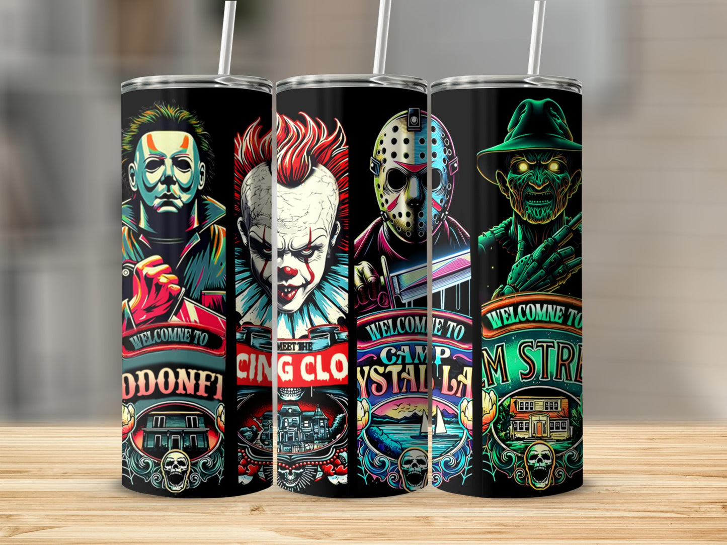 Horror movie villains on tumblers with welcome text and iconic locations.