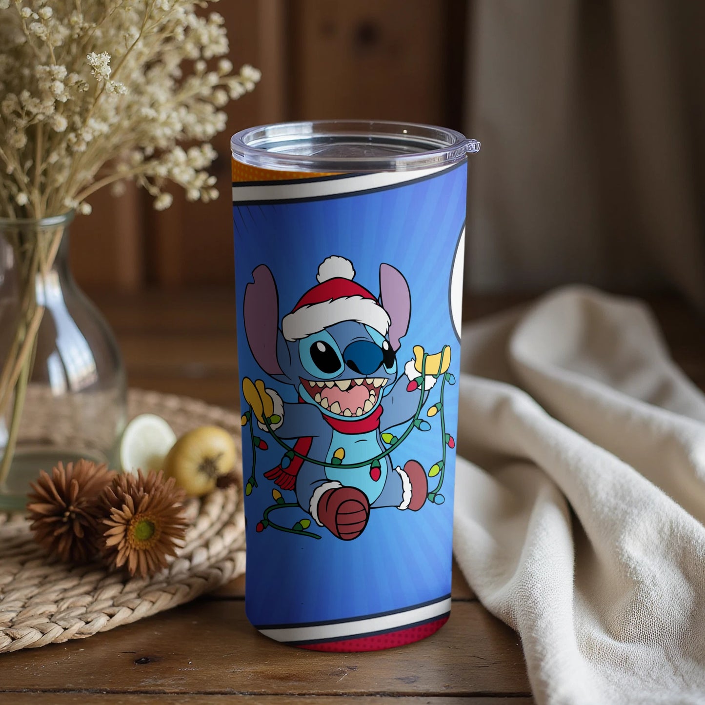 Cute Christmas Stitch Tumbler with Festive Lights Design