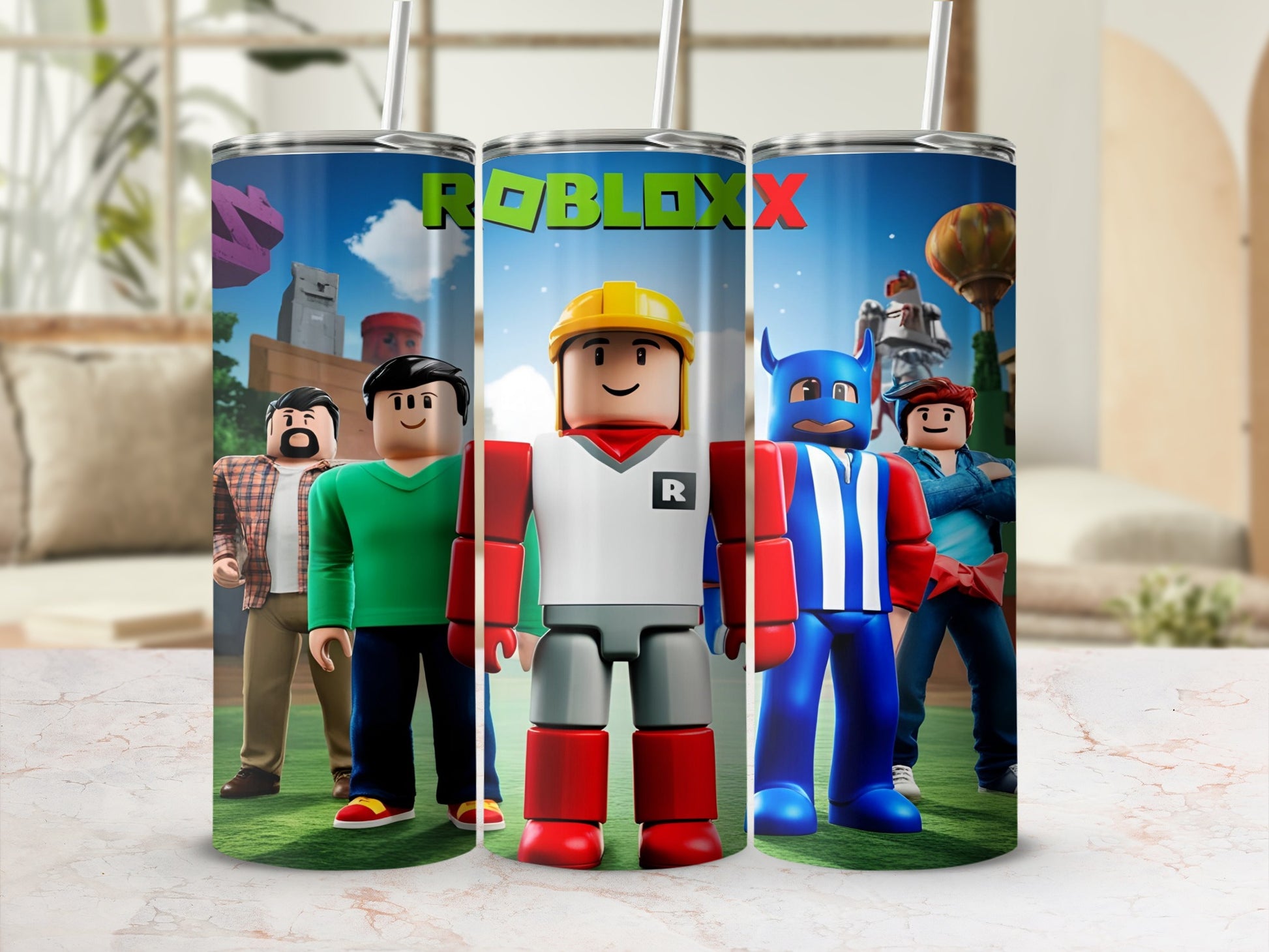 Roblox characters with the Roblox logo on a stainless steel tumbler with straws.