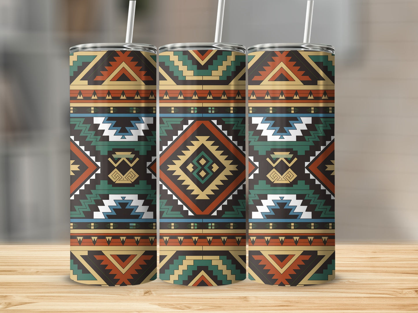 Three tall tumblers with a geometric Southwestern pattern.
