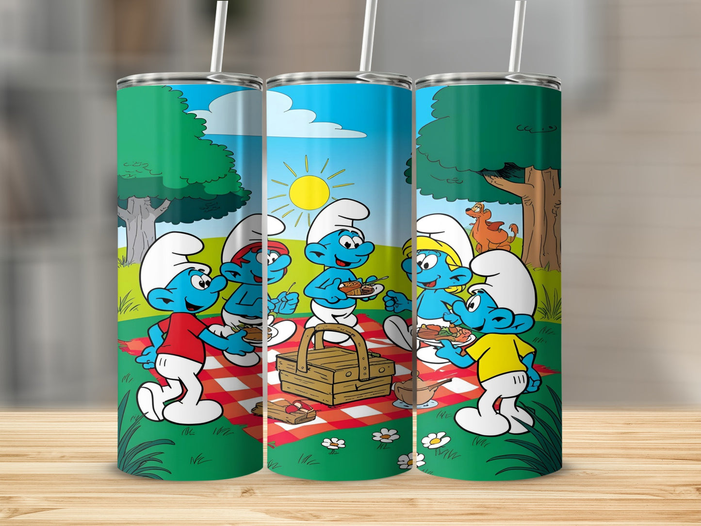 Smurfs having a picnic outdoors with a basket and sun.