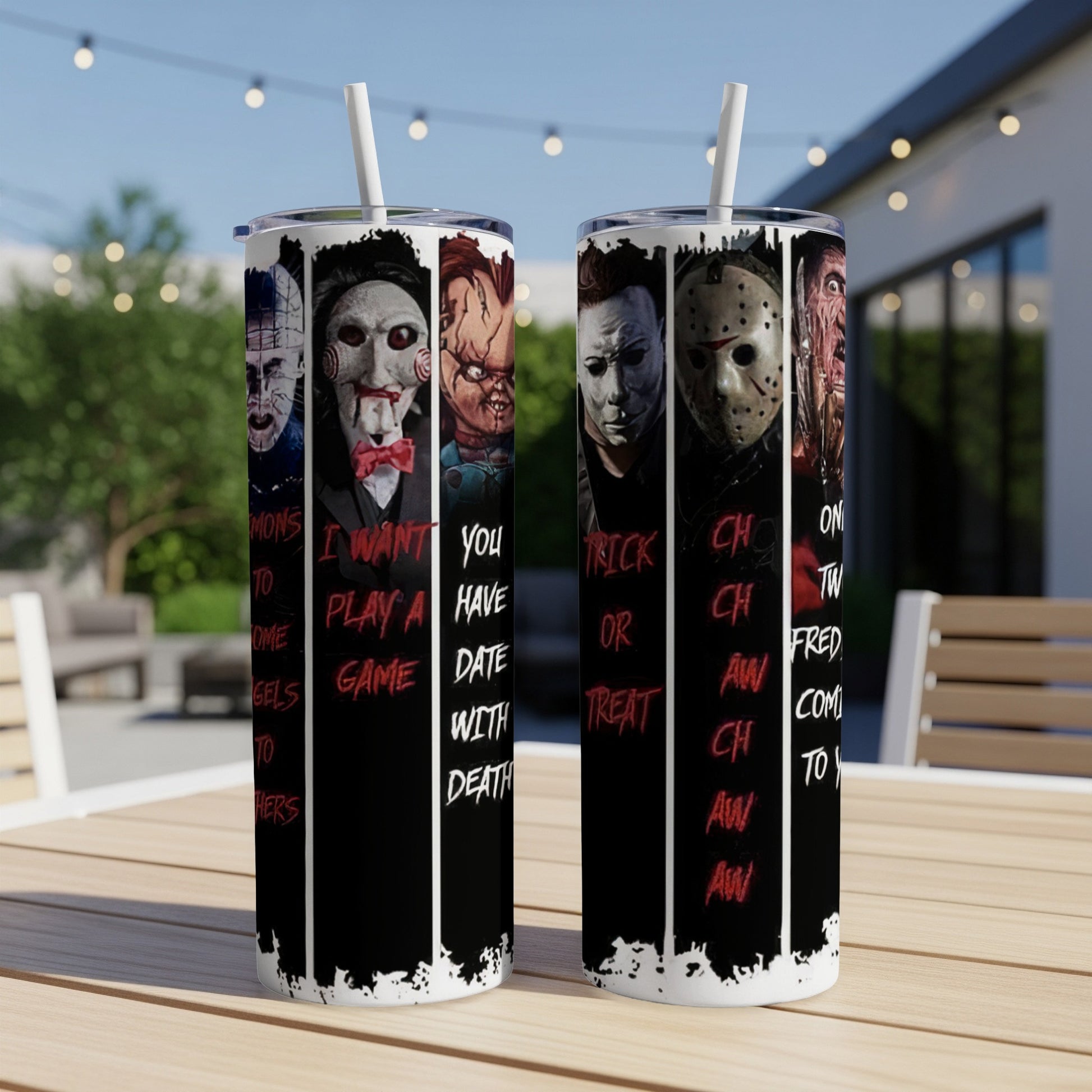 Two tumblers featuring horror movie characters and text.