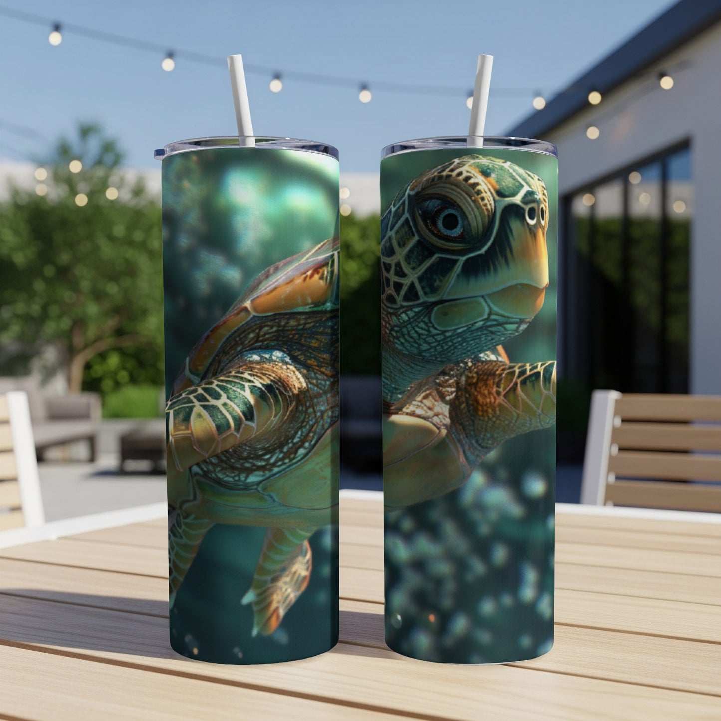 Sea turtle swimming in water on two tumblers.