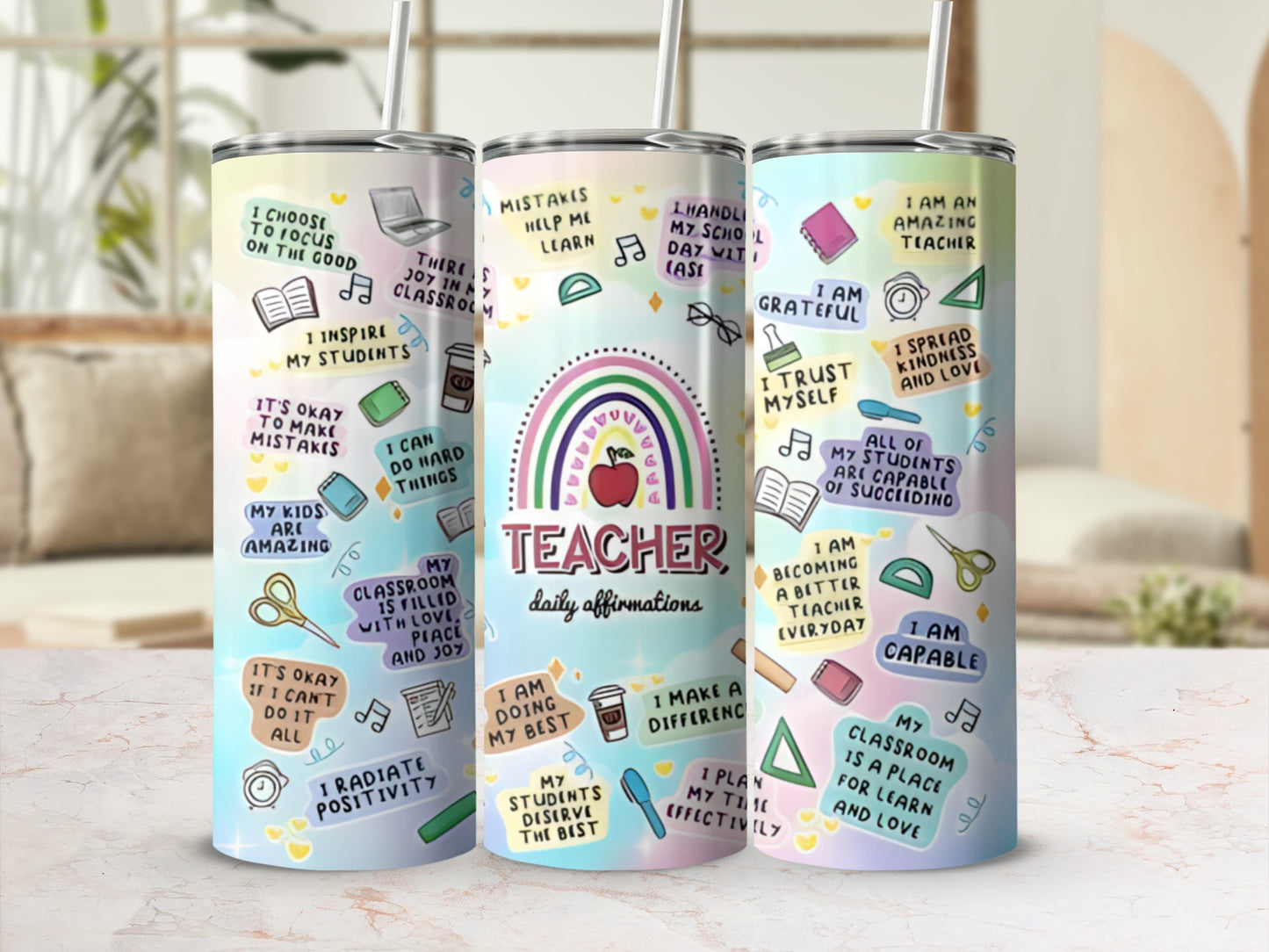 Teacher Daily Affirmations Tumbler with Colorful Design