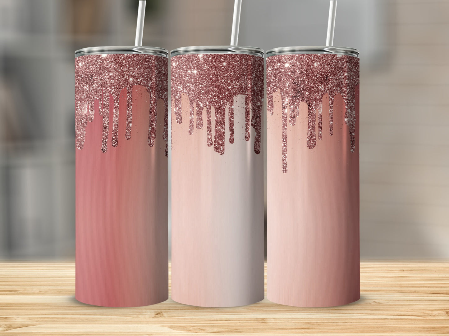 Three tumblers with rose gold glitter drips and gradient pink bases.