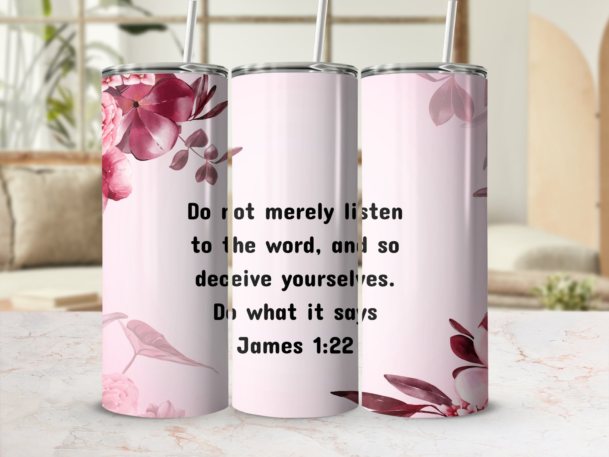 Floral Design Tumbler with Motivational Bible Verse