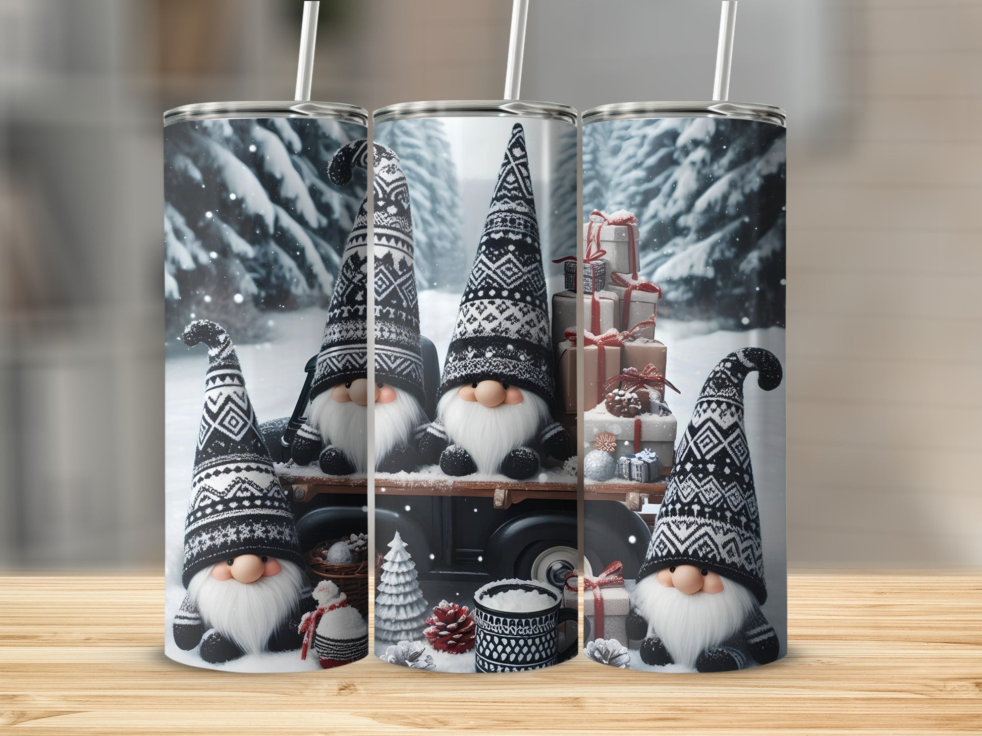 Three gnomes in winter hats and patterned sweaters with gift boxes.