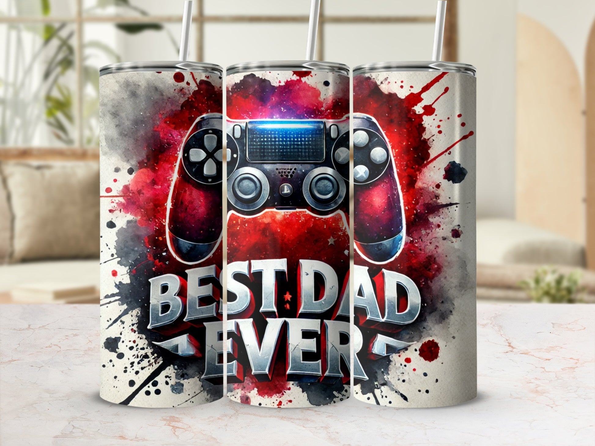 Tumbler with video game controller design and "Best Dad Ever" text.