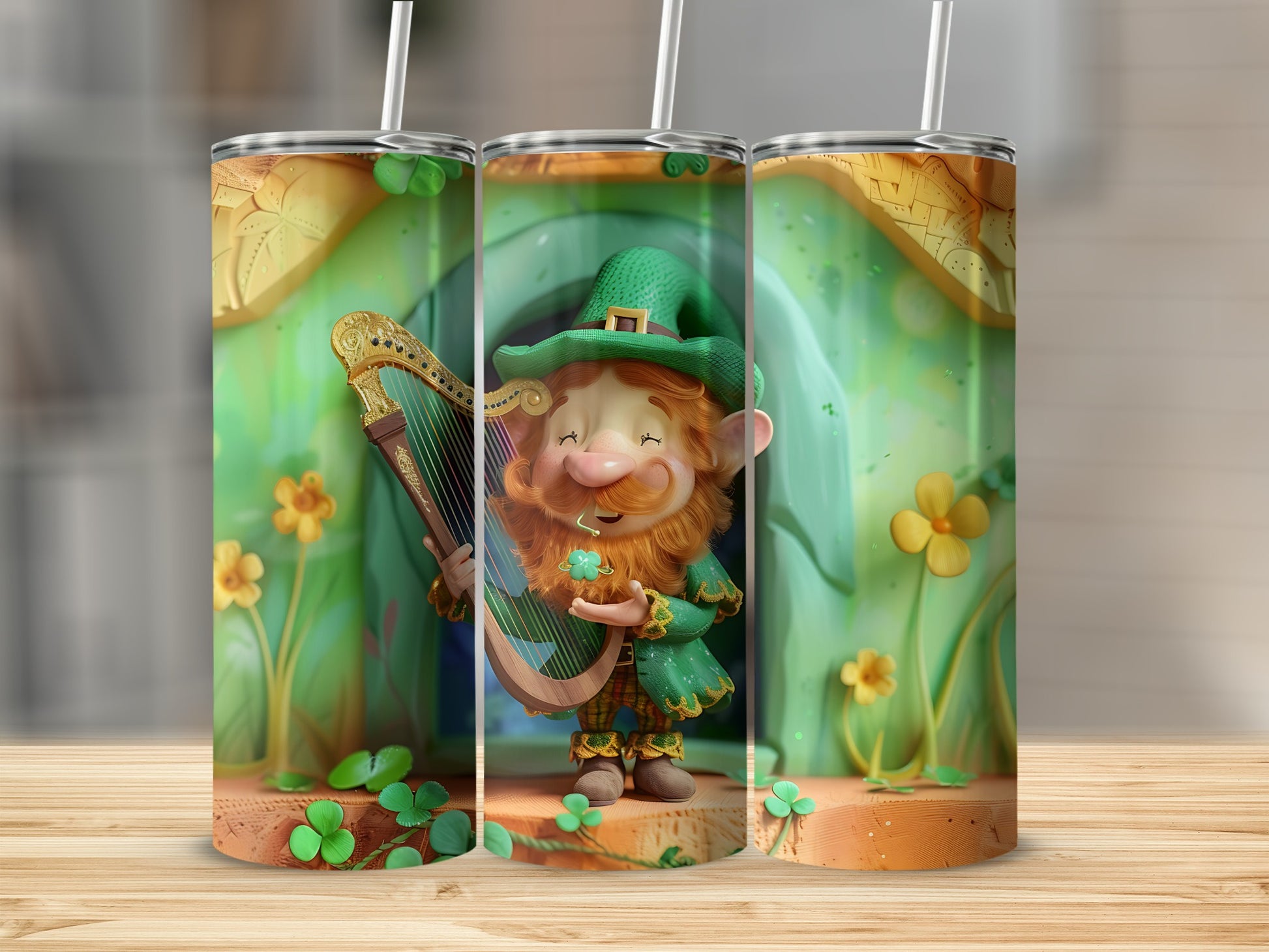 Leprechaun playing a harp in front of a whimsical doorway with shamrocks.