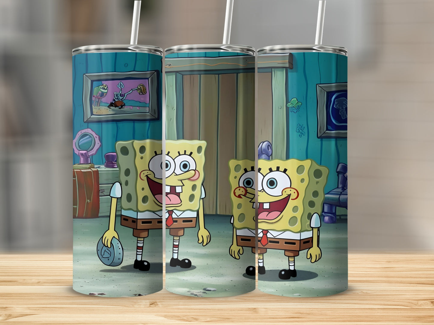 SpongeBob SquarePants on three tumblers with cartoon background.