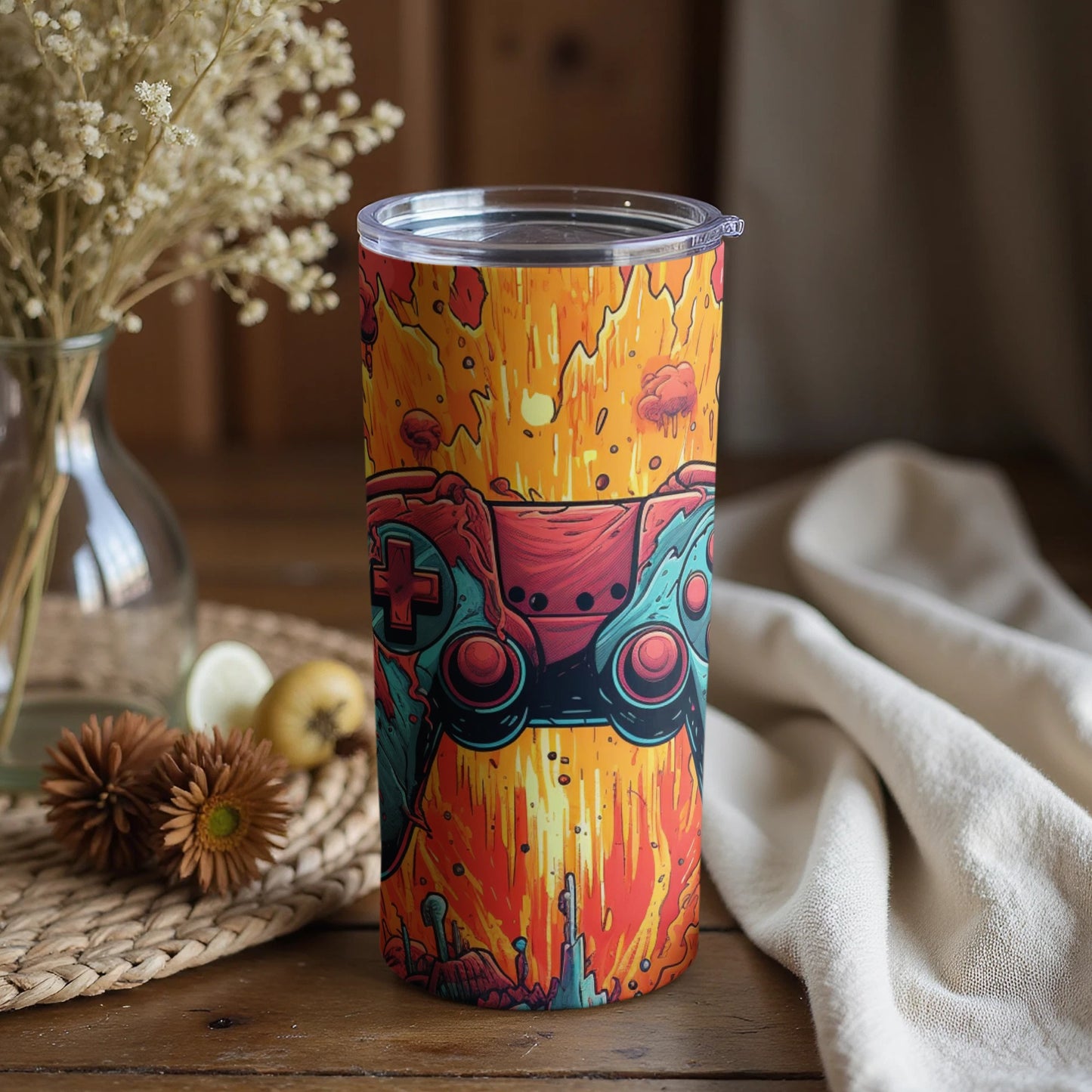 Vibrant gaming controller art travel tumbler