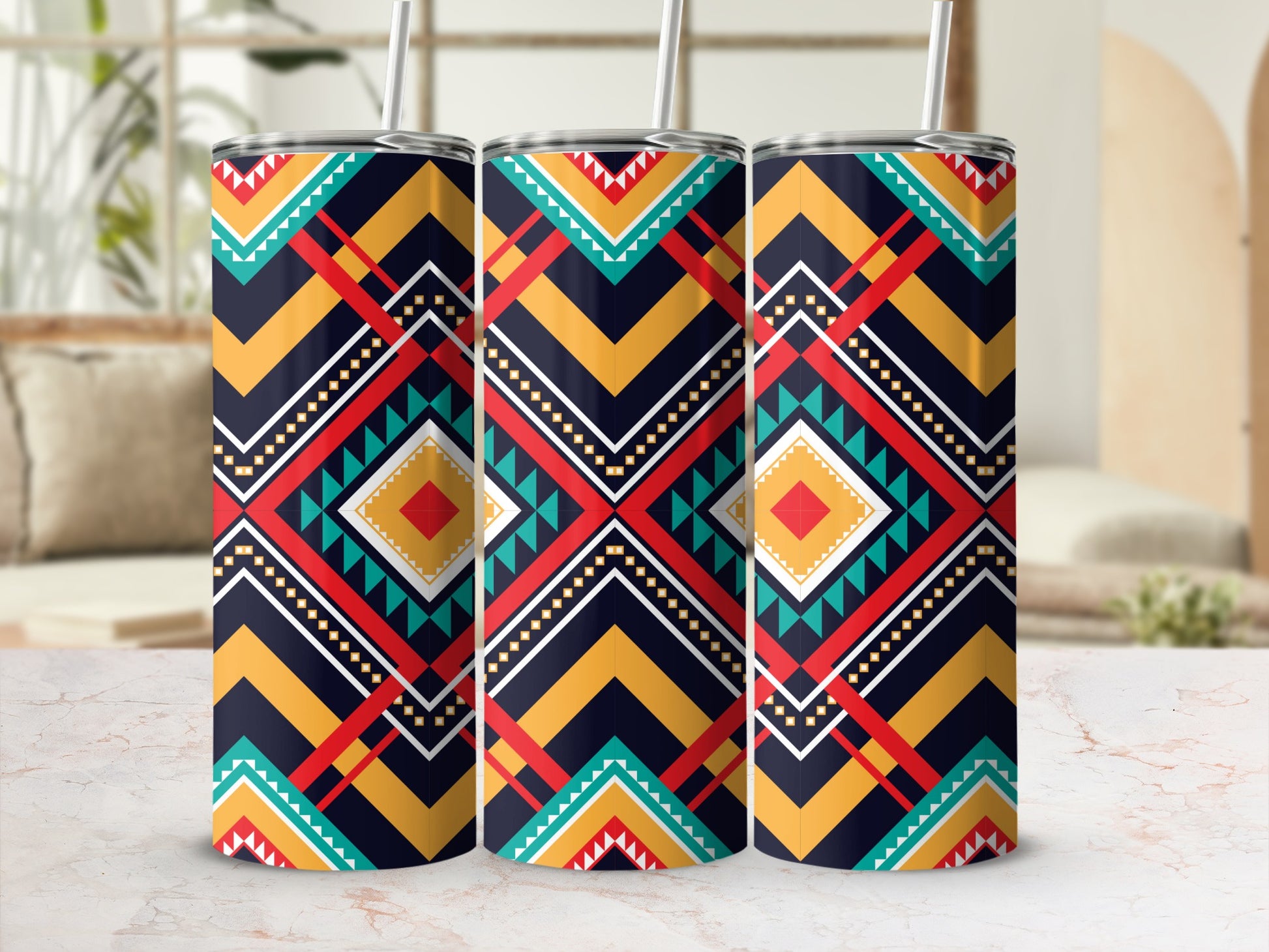 Vibrant Geometric Pattern Stainless Steel Tumbler