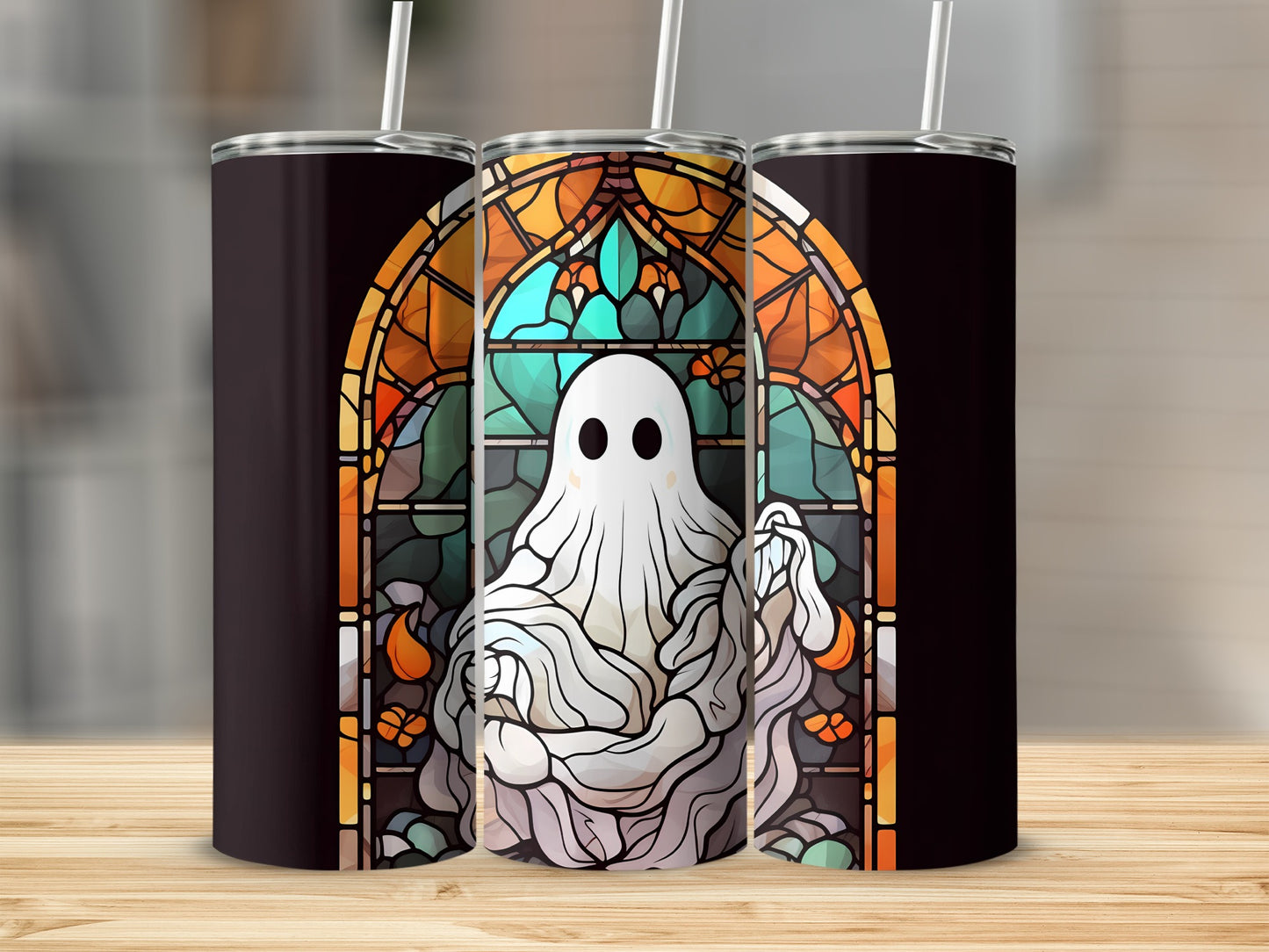Ghost in stained glass window design on a tumbler.