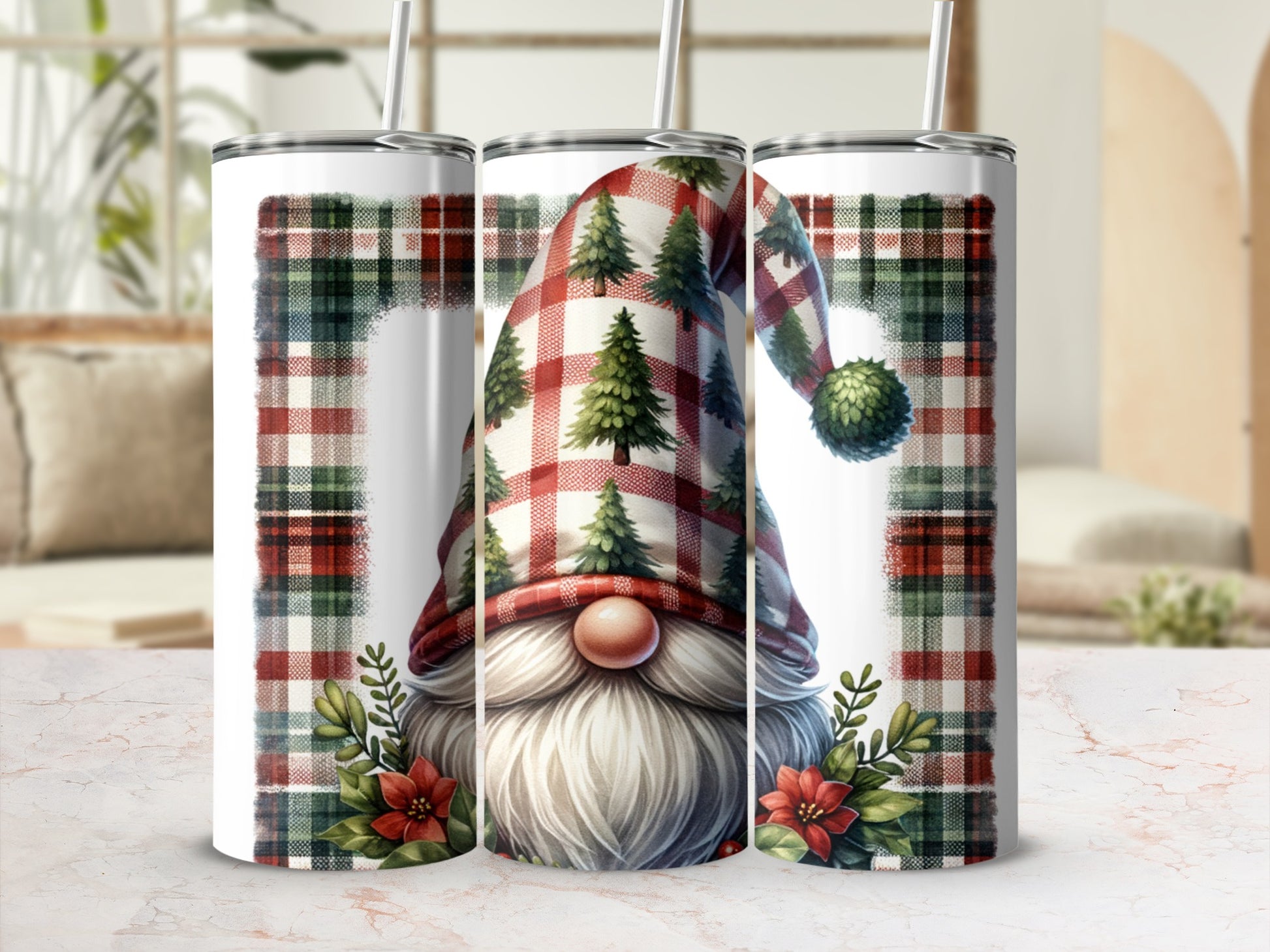 Plaid gnome with Christmas trees on hat and red flowers, two tumblers.