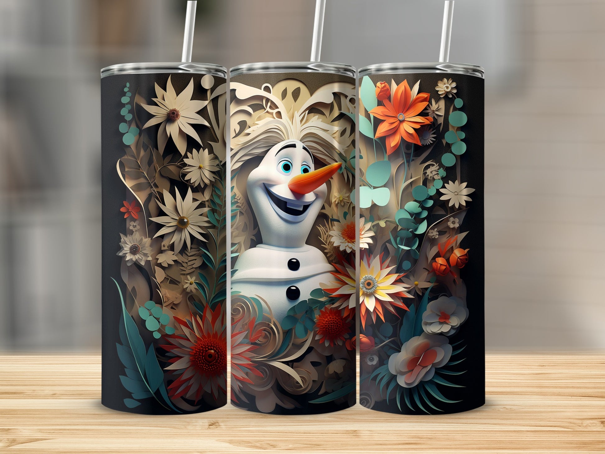 Floral Themed Tumbler with Snowman Design