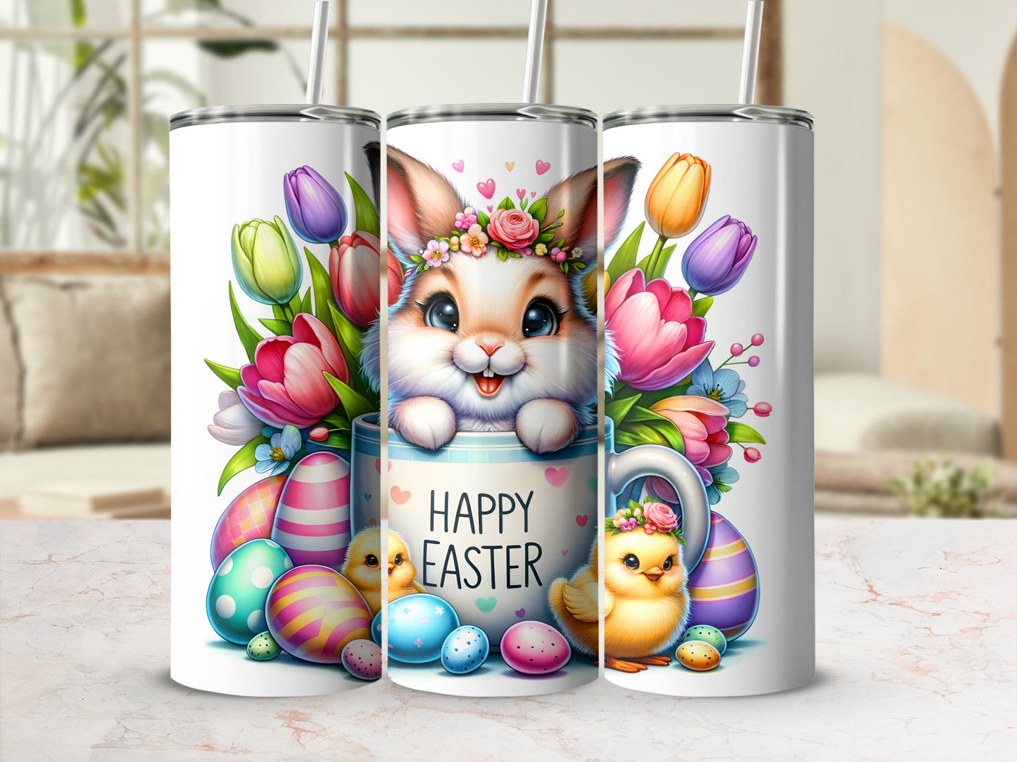 Happy Easter bunny in mug with tulips, chicks, and colorful eggs.