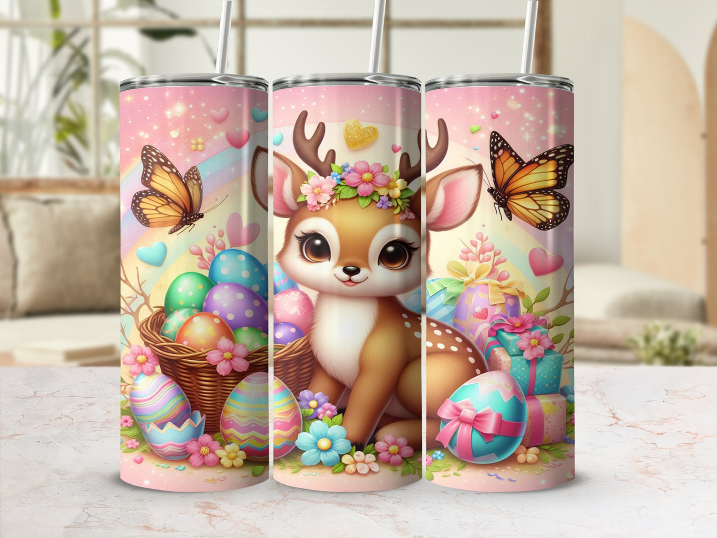 Deer with Easter eggs and butterflies, surrounded by gifts.