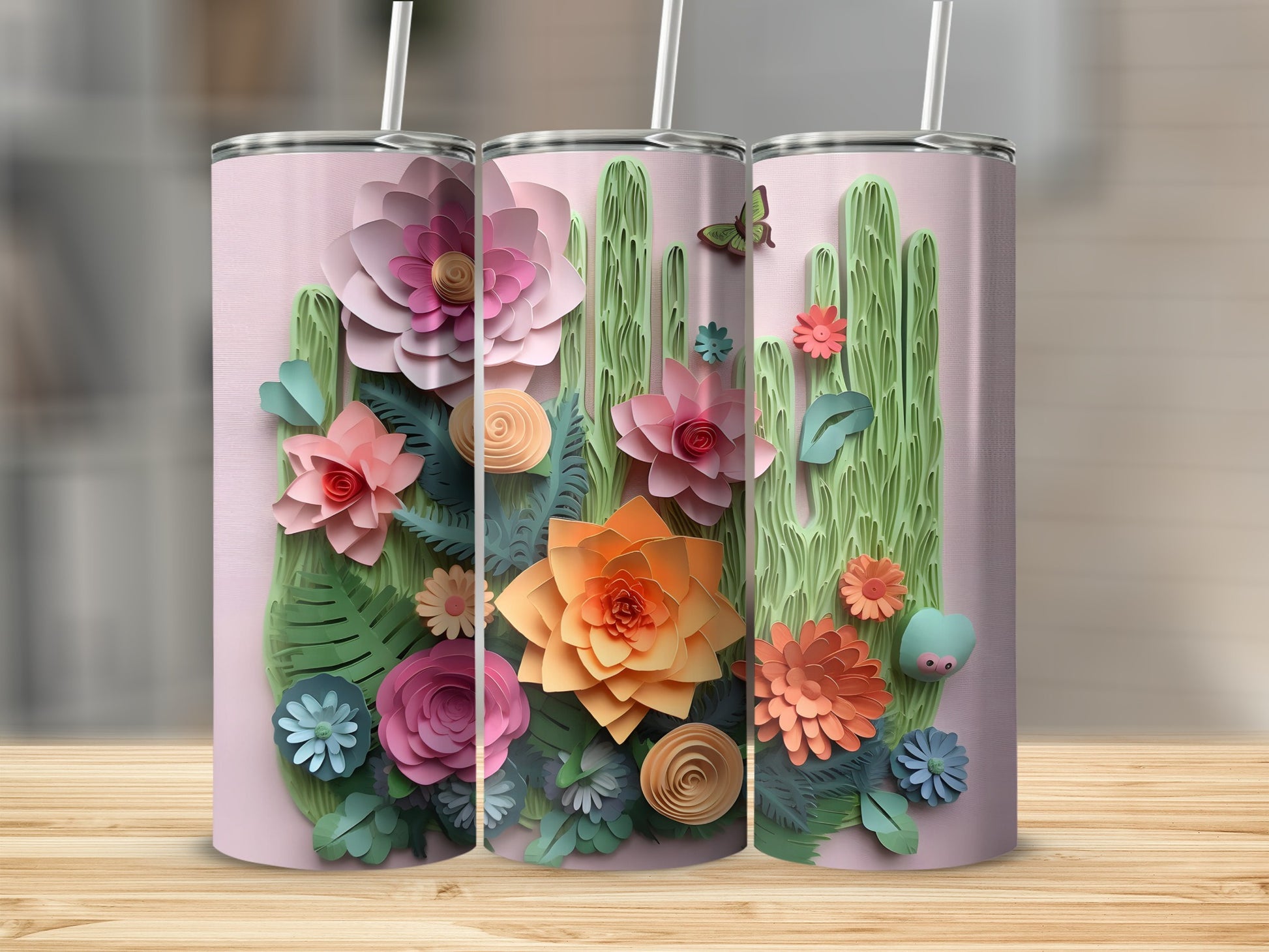 Colorful Floral and Cactus Design Stainless Steel Tumbler