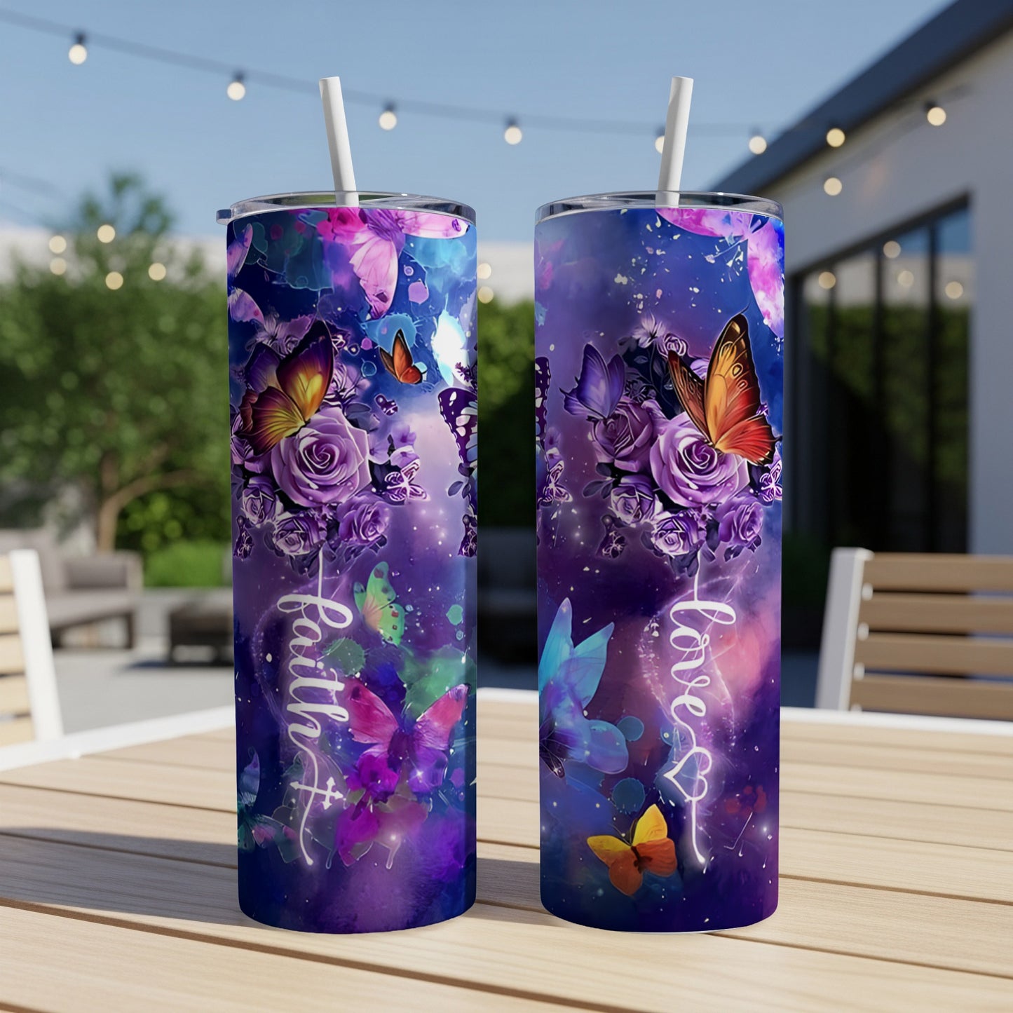 Purple gradient tumbler with butterflies, roses, and "Faith" and "Love" text.