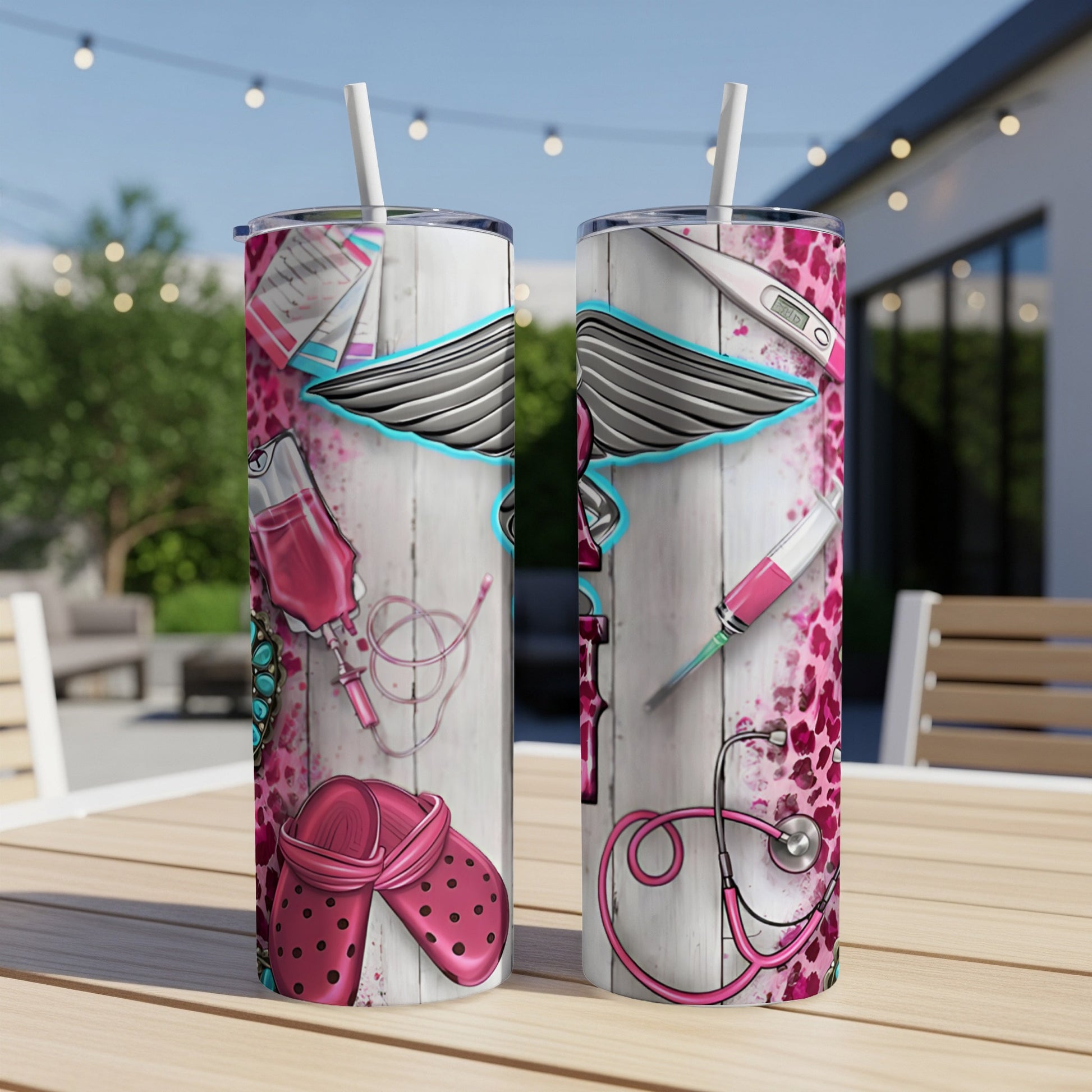 Two nurse-themed tumblers with medical symbols and pink accents.