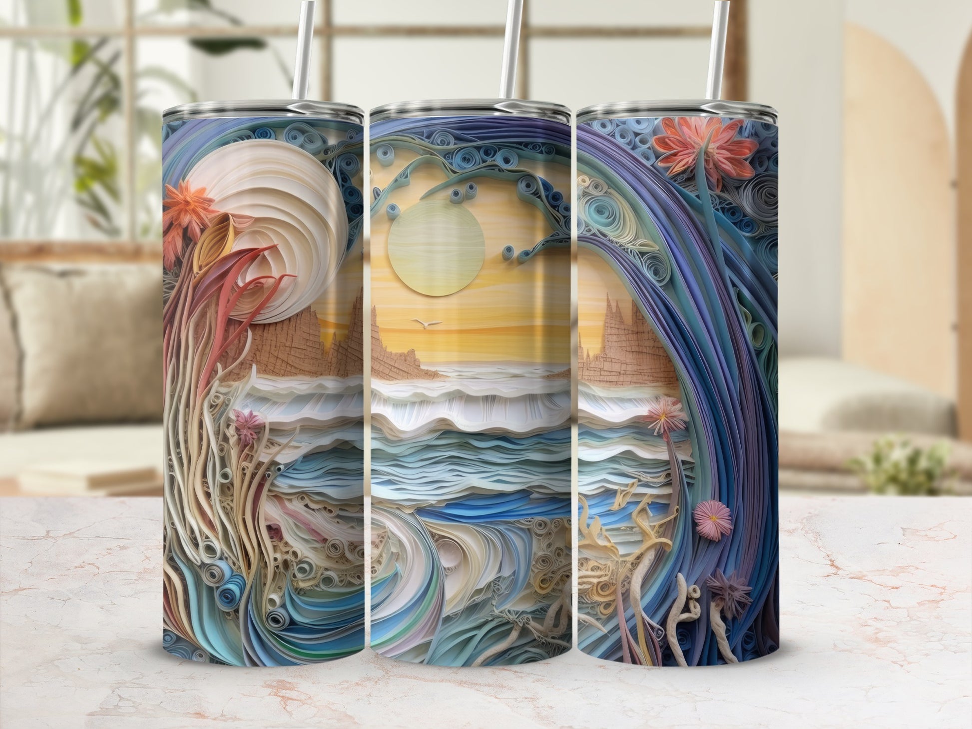 Three tumblers with a seascape quilling art design, featuring waves, sun, and celestial elements.