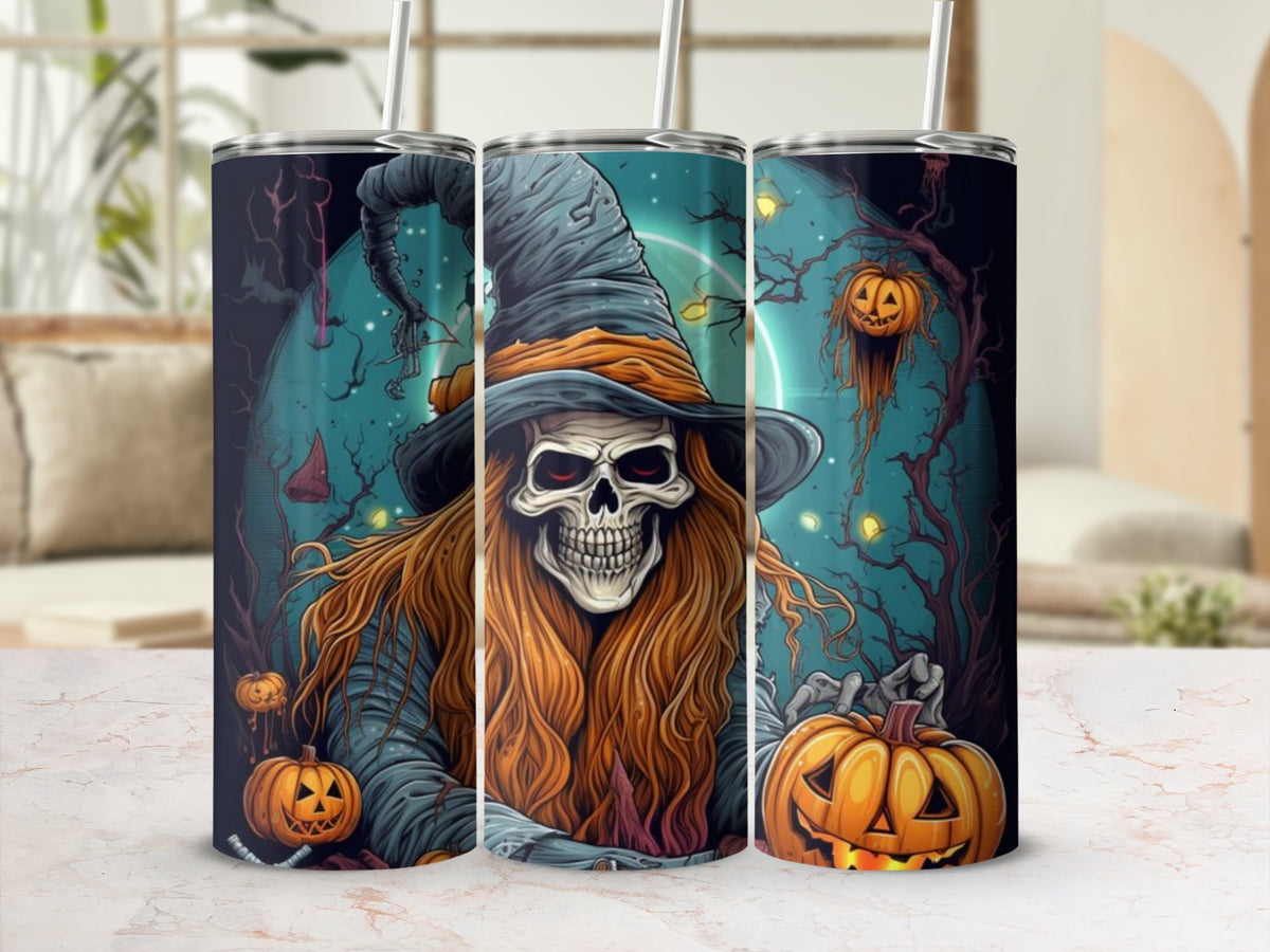 Three tumblers feature a spooky witch skeleton with pumpkins and a moonlit forest.