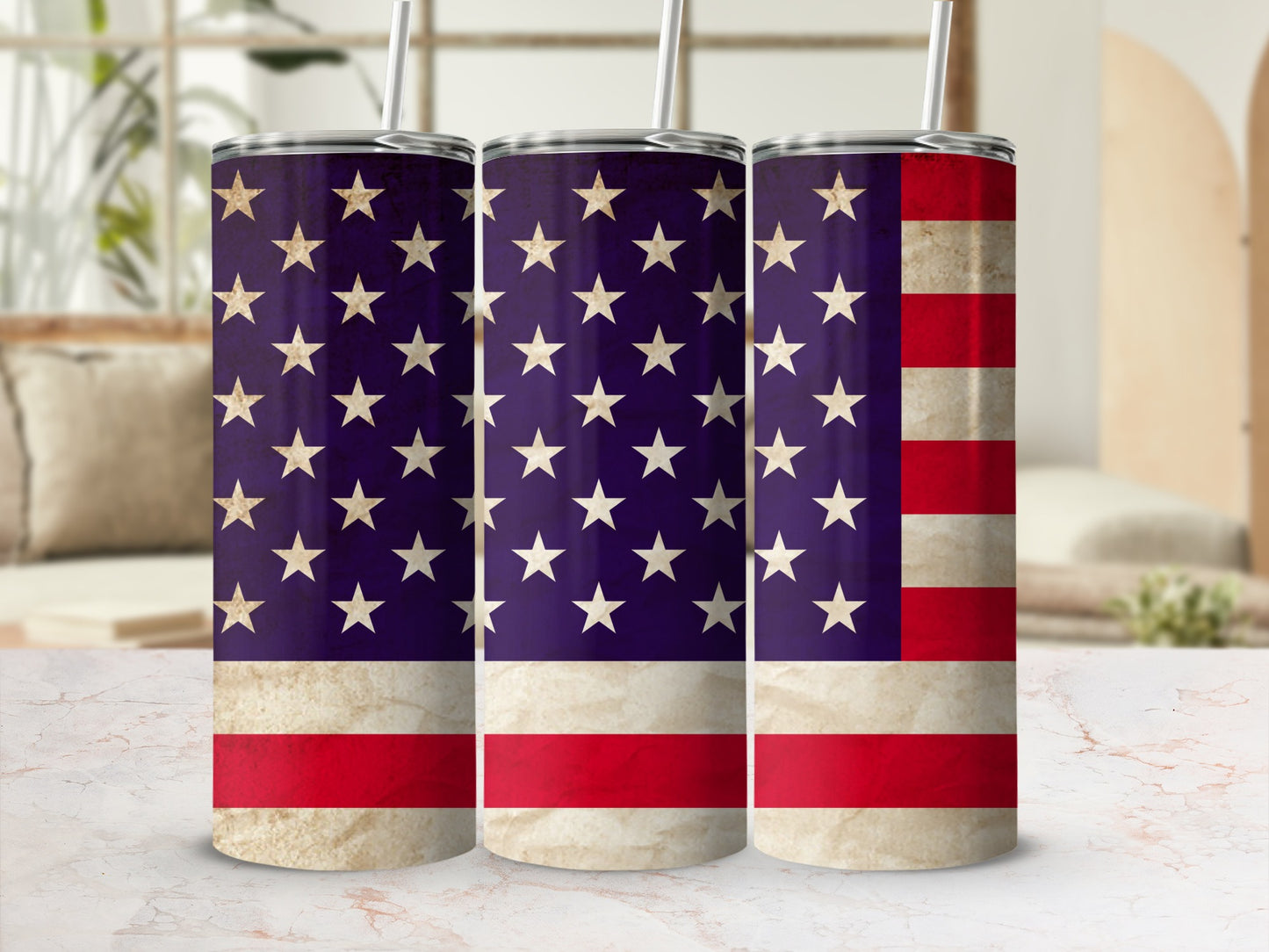 Three tumblers with a distressed American flag design, featuring stars and stripes.
