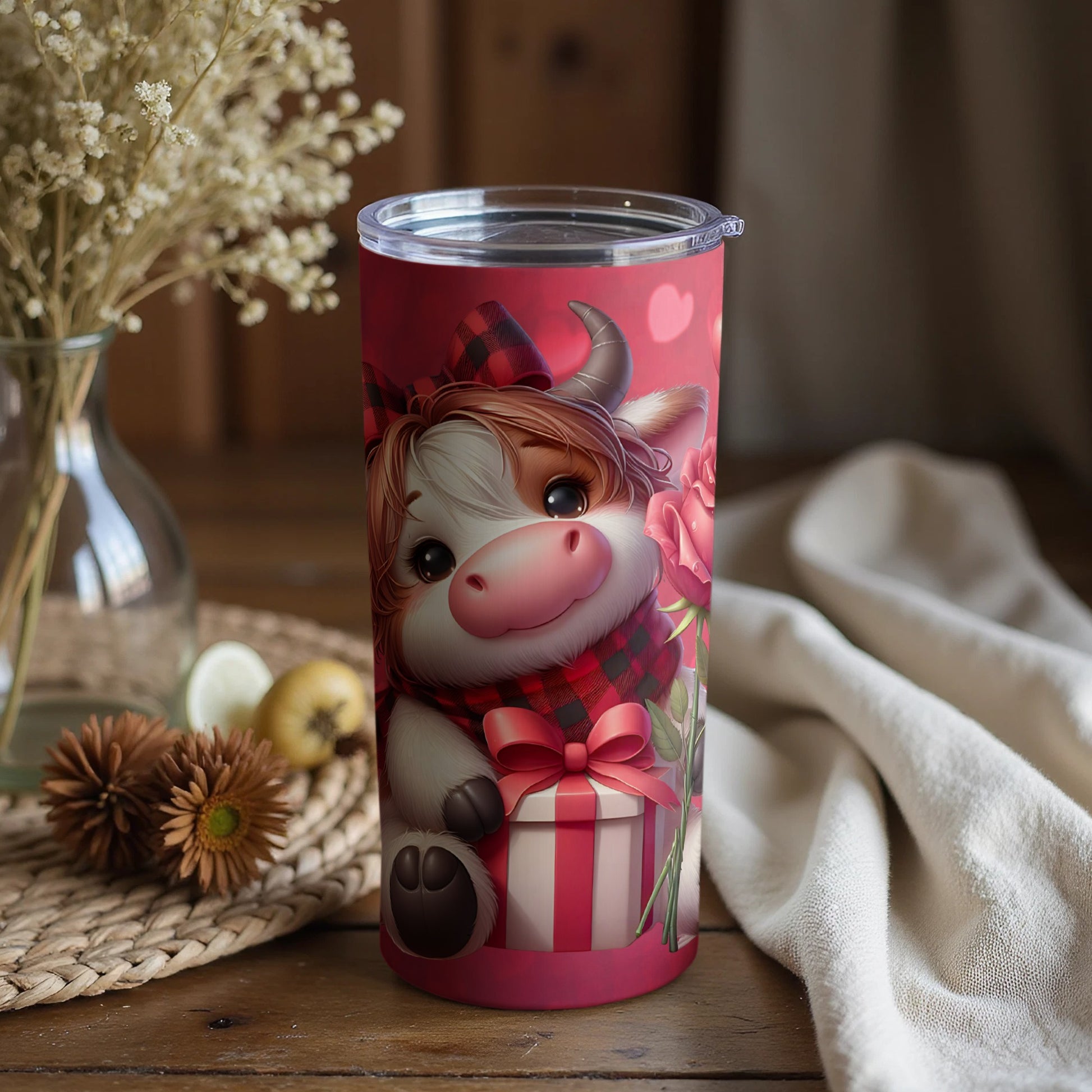 Cute Cow Tumbler with Hearts and Gift Box Design