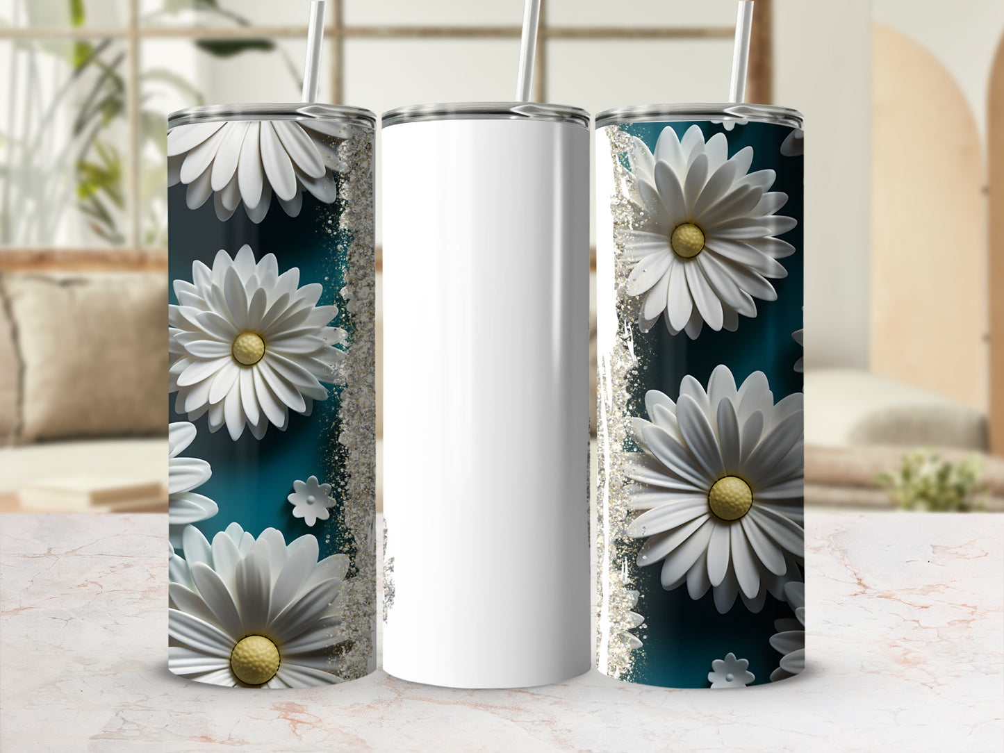 White tumbler with daisies and glitter on marble countertop.