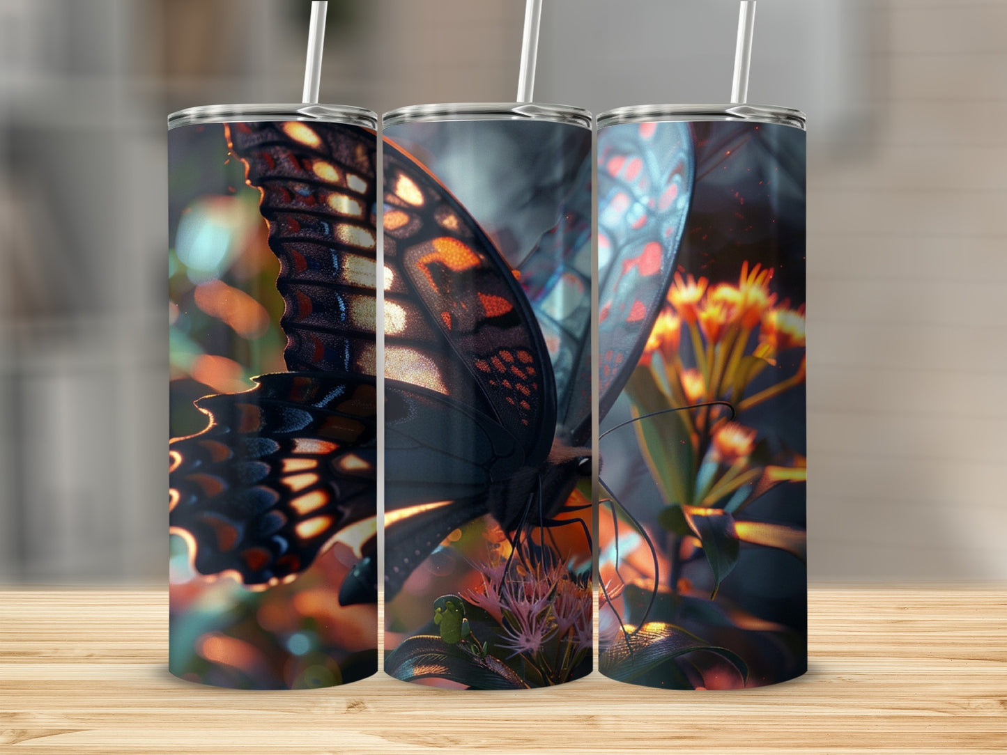 Three tumblers display a detailed monarch butterfly in flight against a blurred floral background.