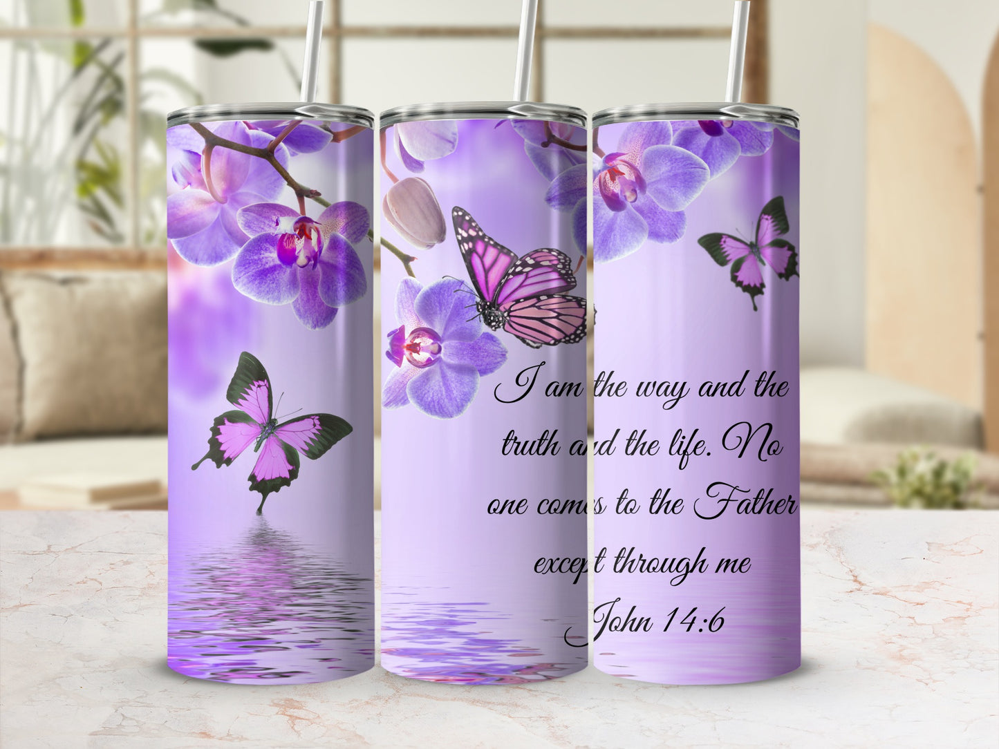 Elegant Purple Butterfly Floral Tumbler with Quote Art