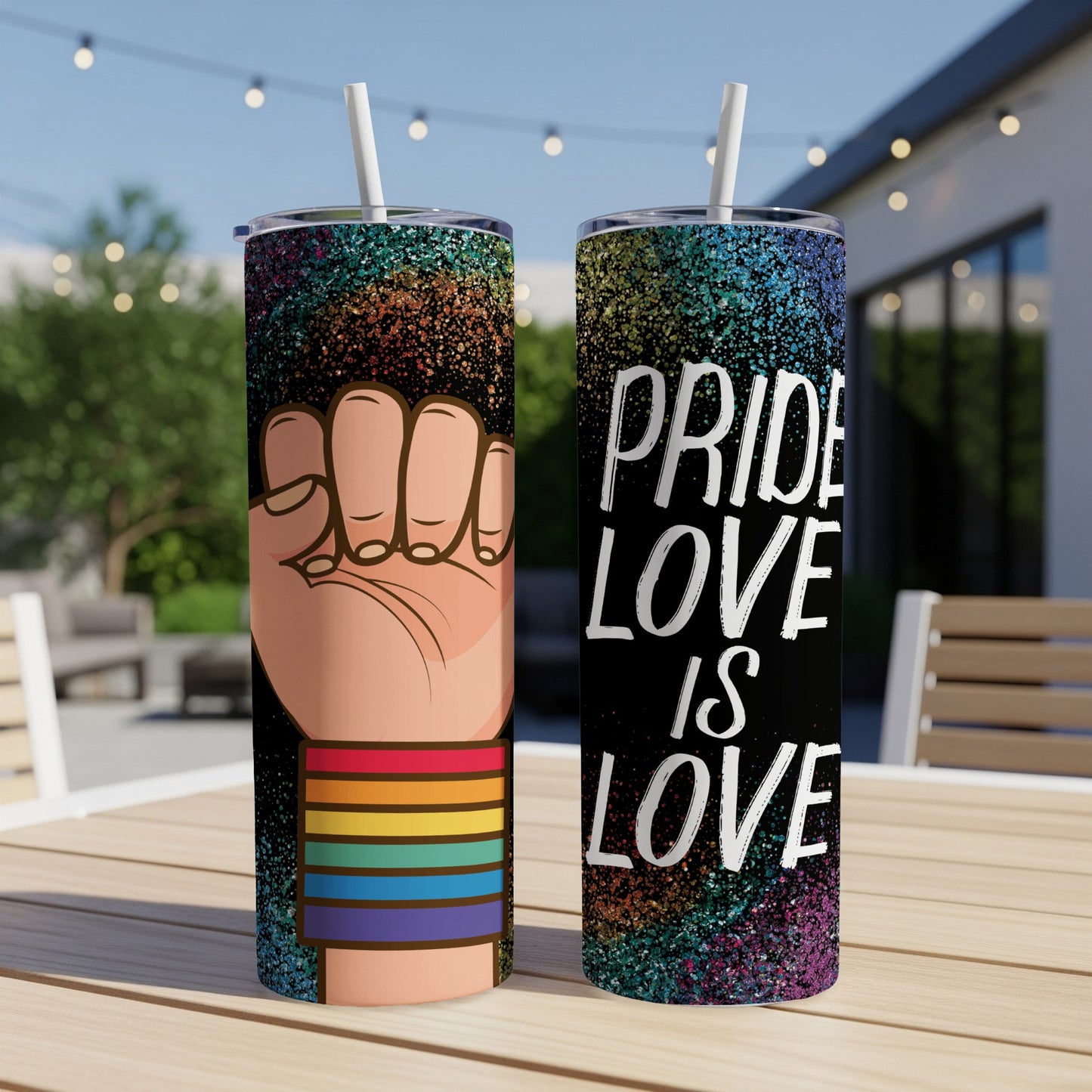 Two tumblers with pride flag colors and "Pride is Love" text.