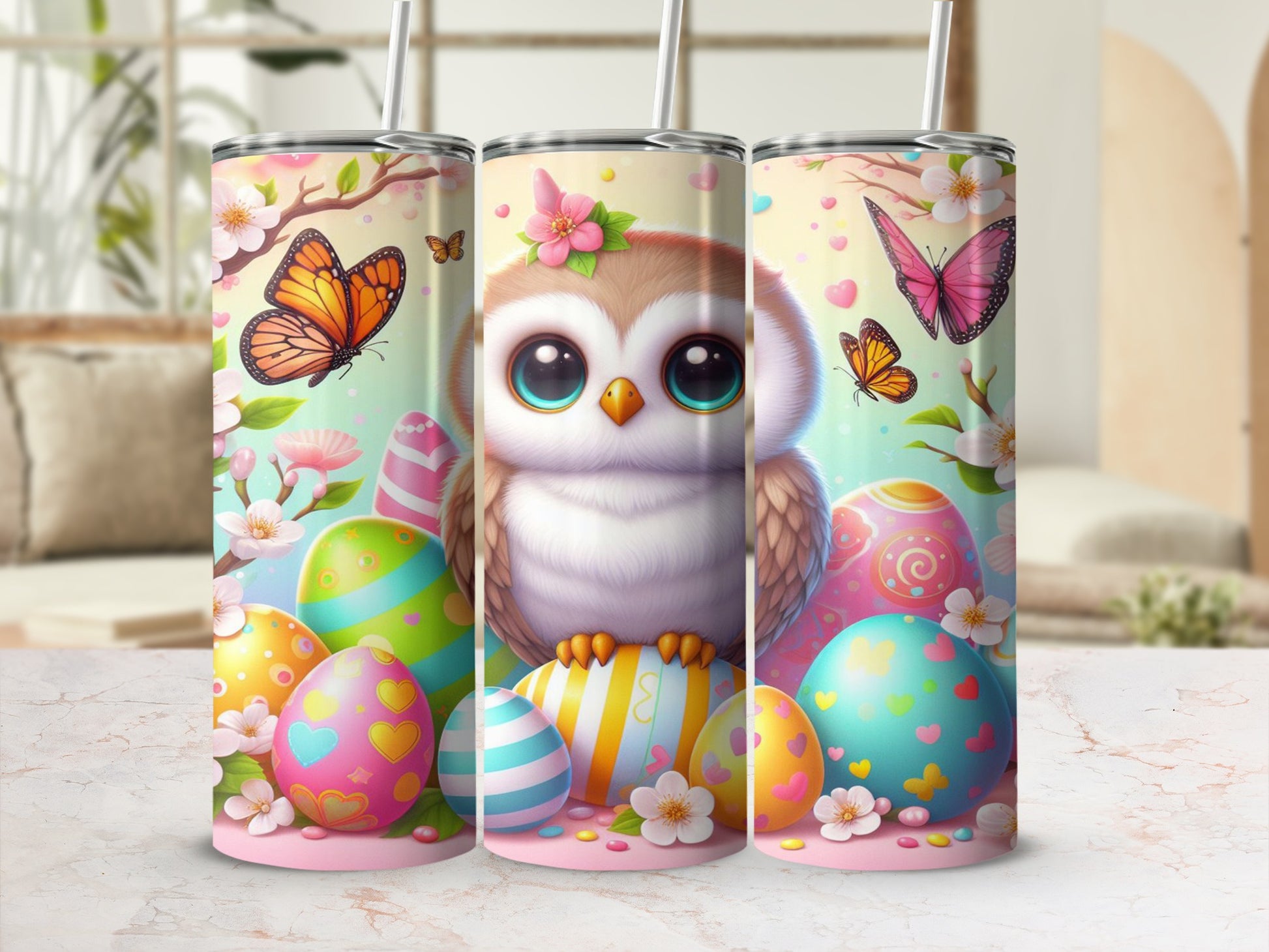 Cute owl with large eyes surrounded by Easter eggs and butterflies.