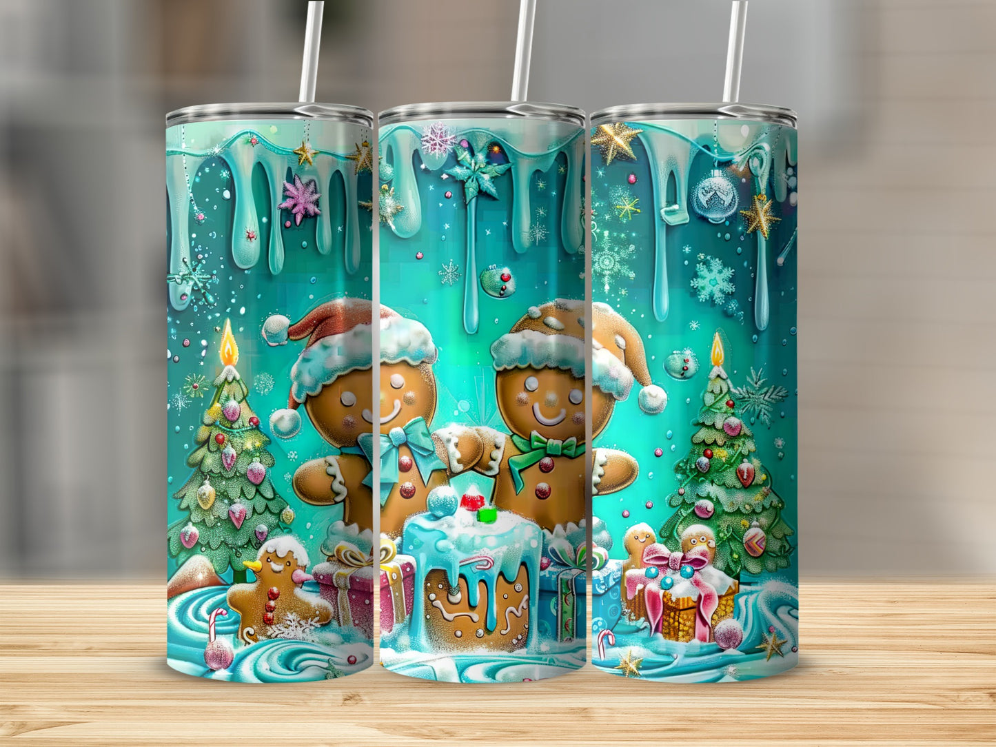 Gingerbread couple with presents and Christmas trees in a festive, sparkly winter scene.