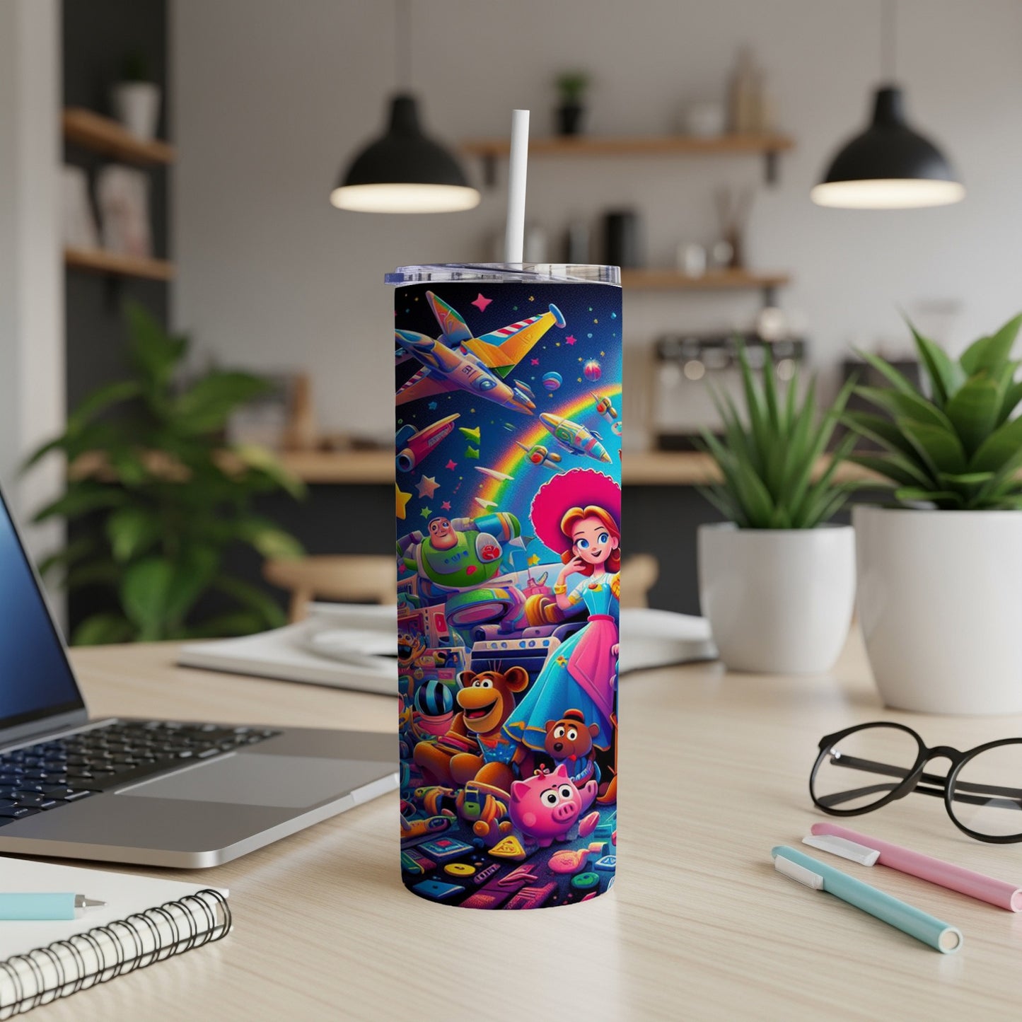 Toy Story characters, including Woody and Buzz Lightyear, on a colorful tumbler.