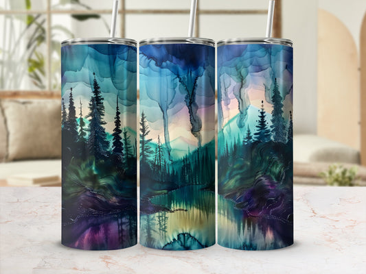 Three tumblers with abstract forest and water scene design.