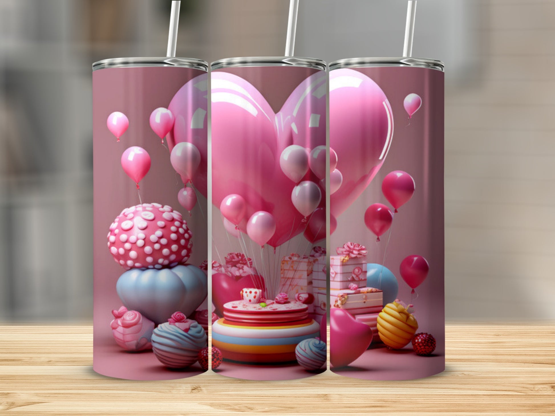 Pink tumbler with heart-shaped balloons, gifts, and cake illustration.