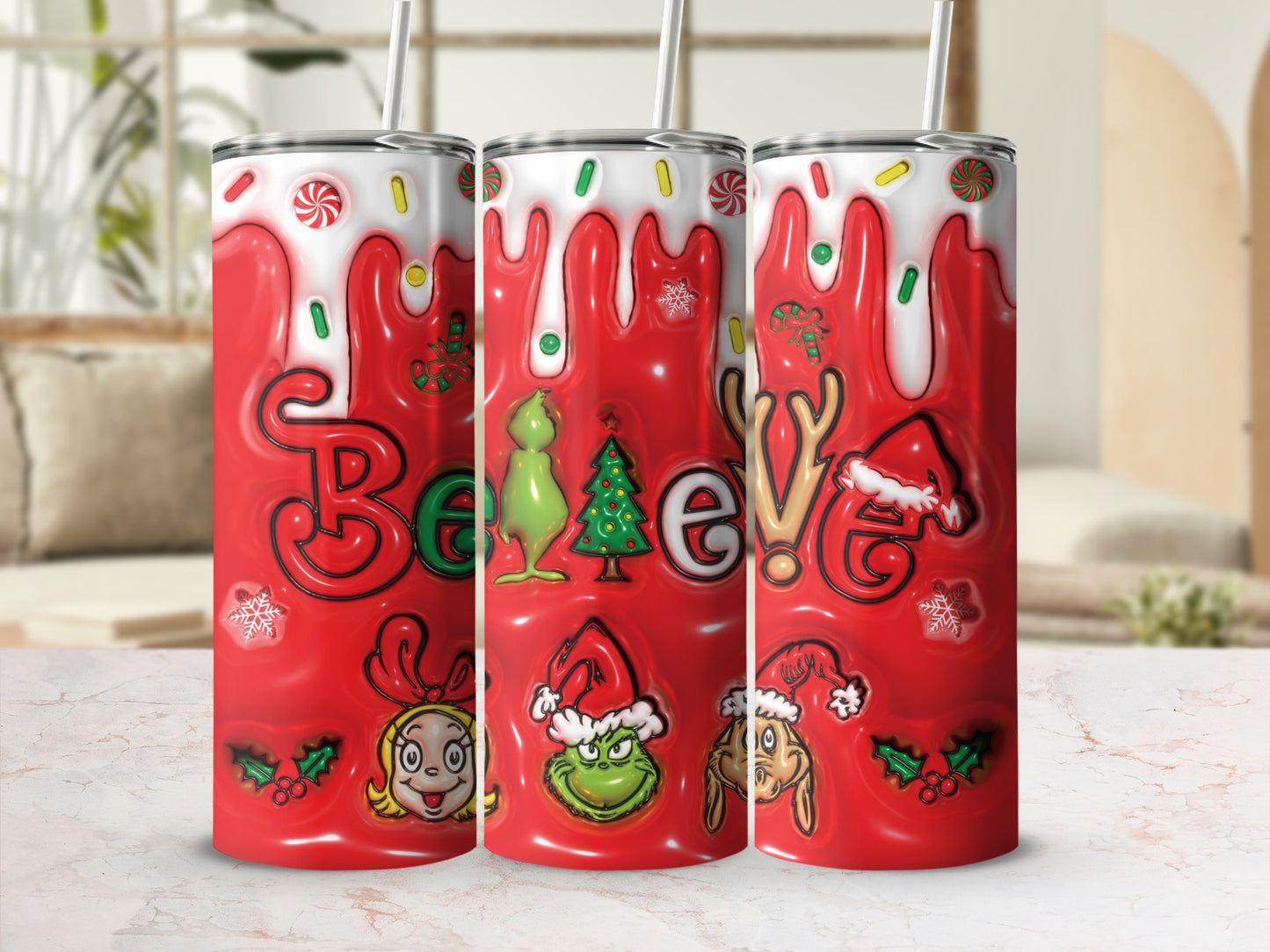 Believe Christmas Holiday Themed Tumbler with Straw