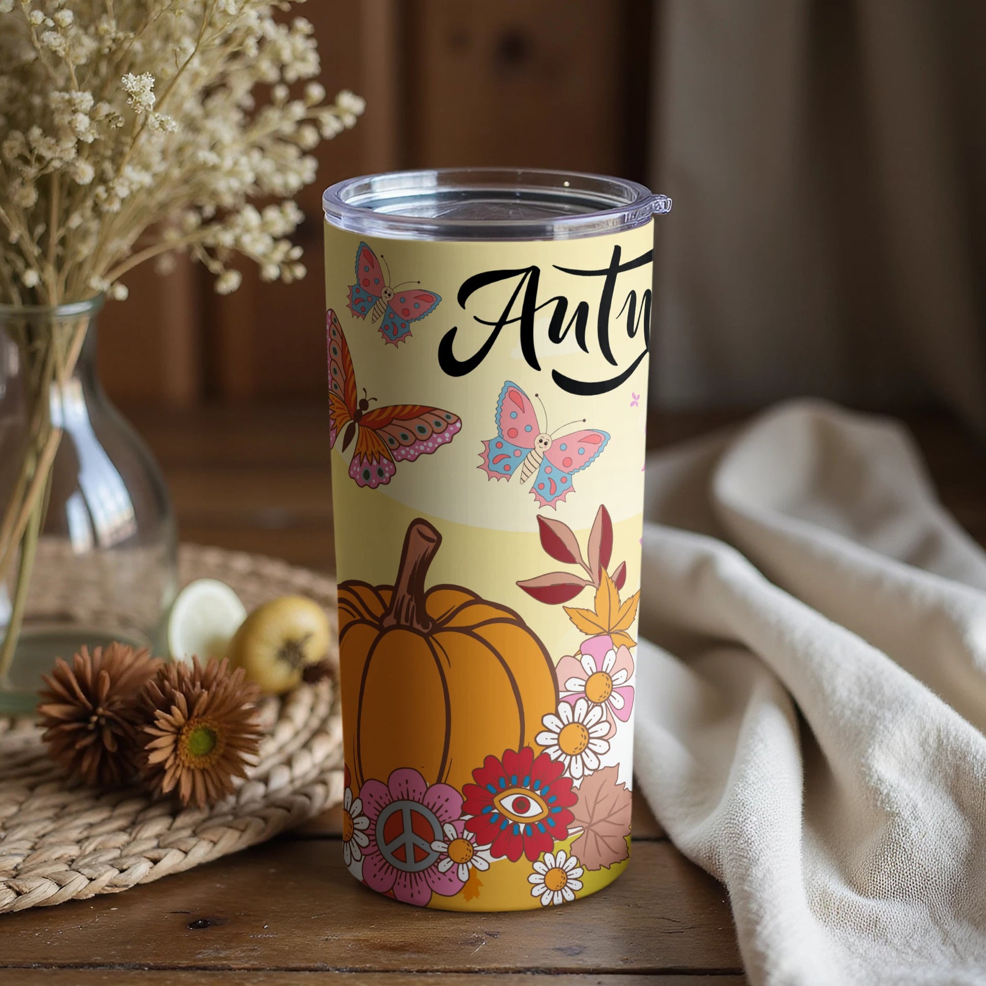 Autumn Themed Tumbler with Butterflies and Pumpkins