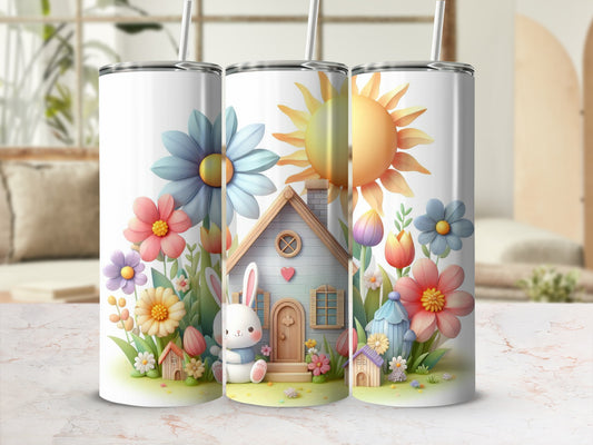 Spring-themed tumbler with bunny, flowers, sun, and house.