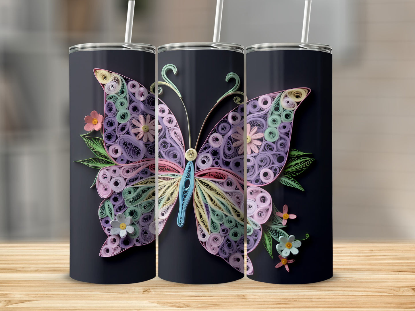 Three tumblers feature a quillted purple butterfly with pink and green floral accents.