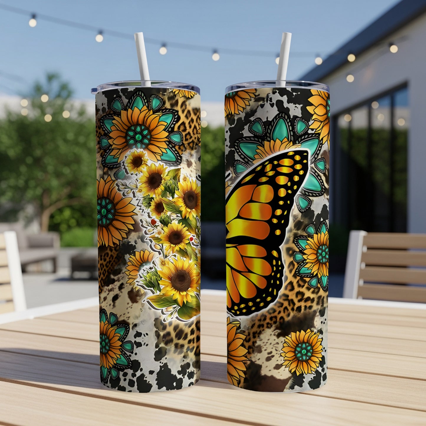 Two tumblers with sunflowers, butterflies, and leopard print designs.