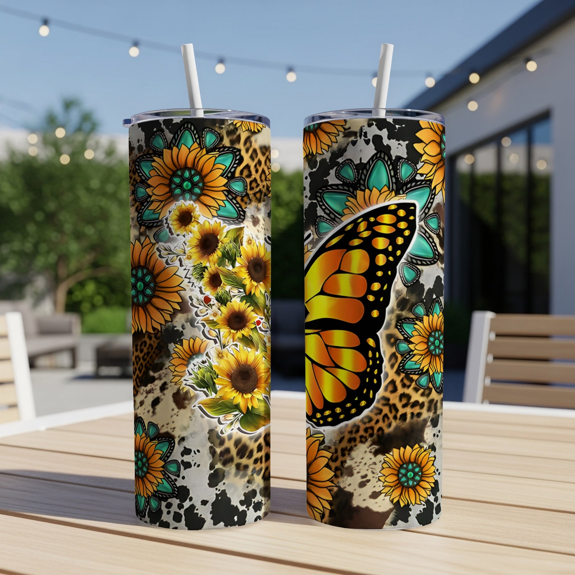 Two tumblers with sunflowers, butterflies, and leopard print designs.