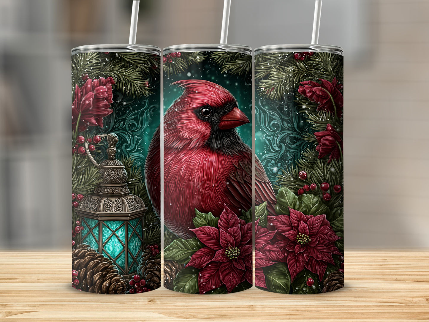 Festive Cardinal and Winter Lantern Tall Tumbler Cup