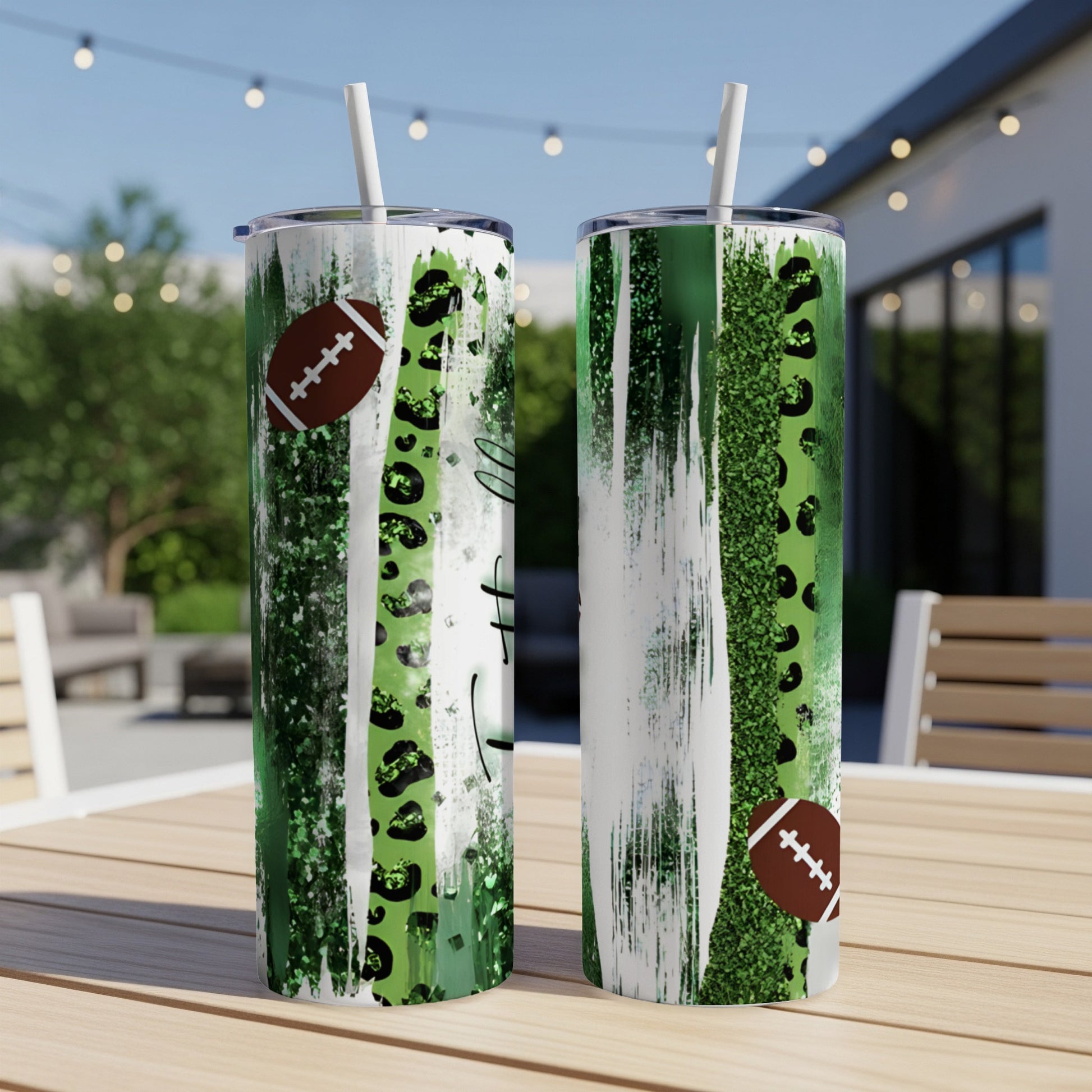 Two green and white tumblers with football and leopard print designs.