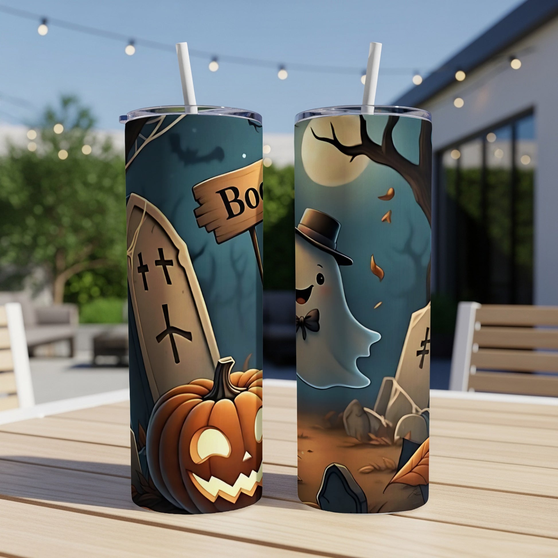 Two tumblers with Halloween graphics: ghost, tombstone, pumpkin, and "Boo" sign.