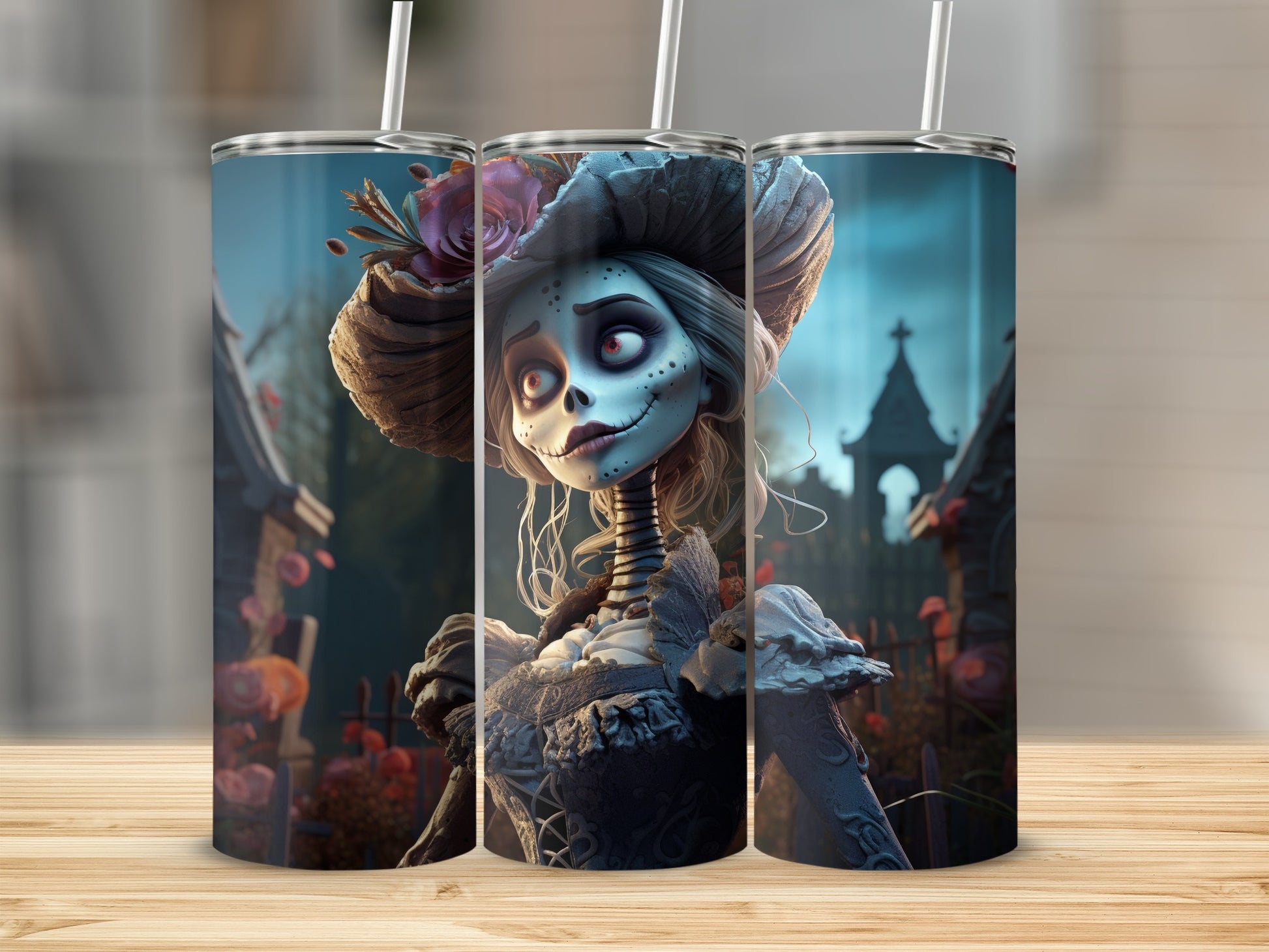 Skeleton character in a hat on a tumbler design with a graveyard background.