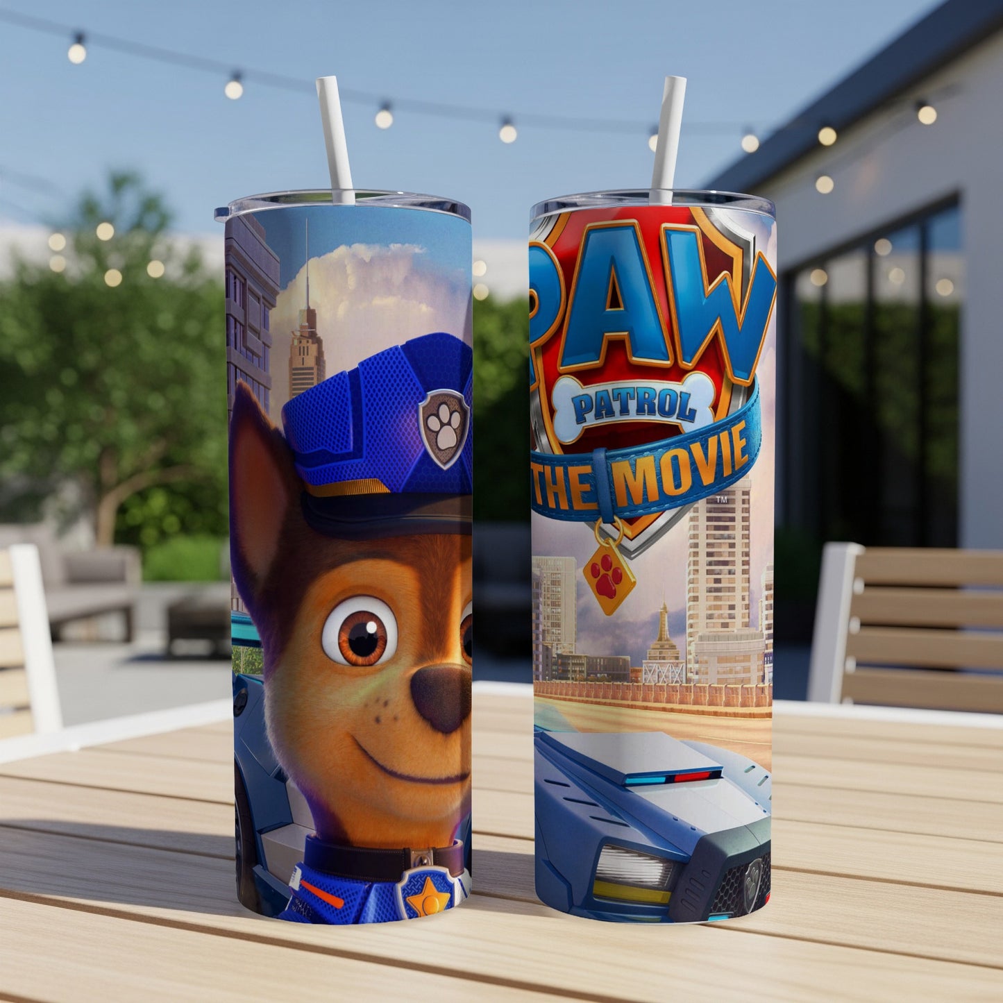 Paw Patrol The Movie Chase character on a blue and white insulated tumbler.