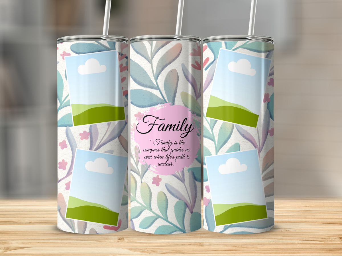 Tumblers with floral design and "Family" quote with photo placeholders.
